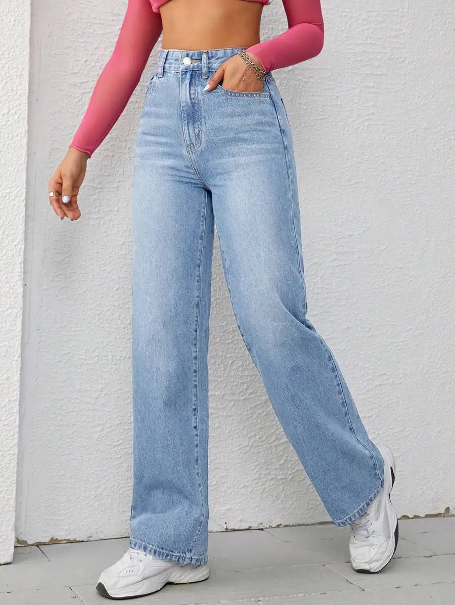 High Waist Wide Leg Jeans for Women, Light Washed Retro Denim Pants, Casual Streetwear Style