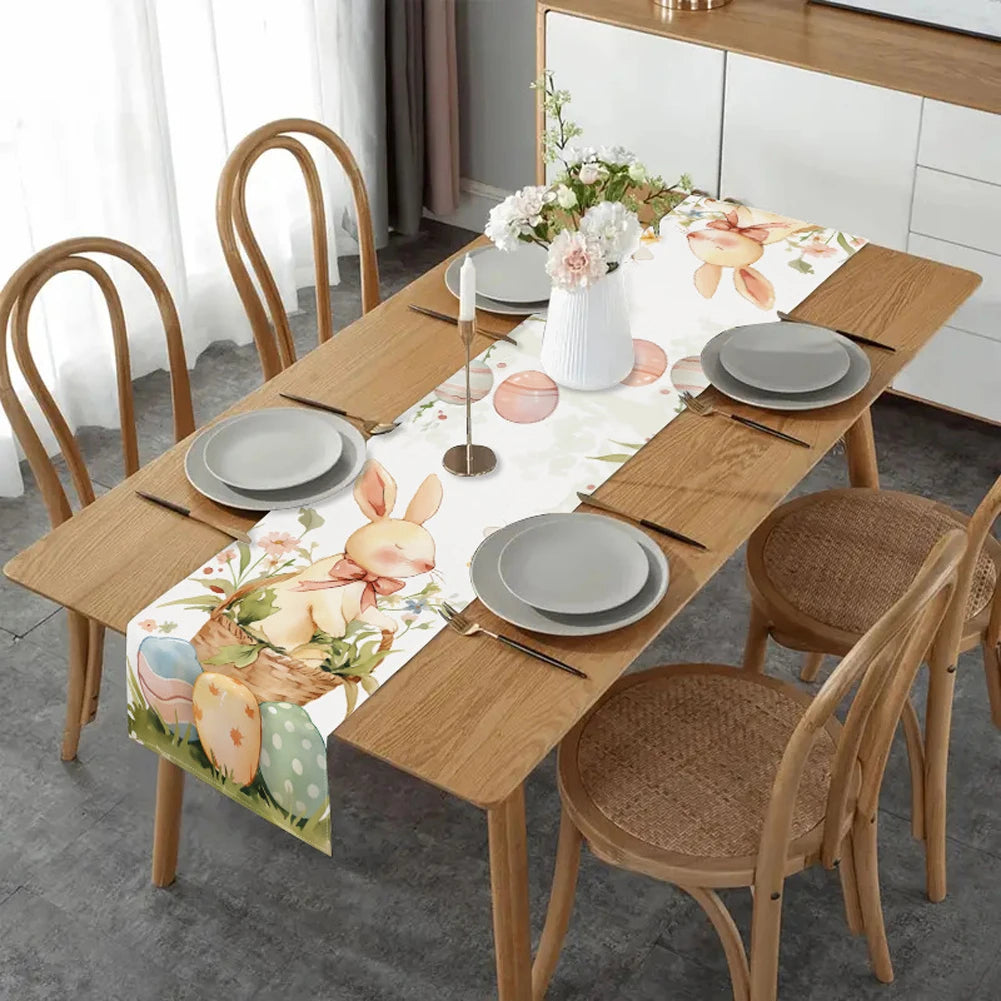 Easter Bunny Eggs Linen Table Runner Easter Rabbit Table Runner Washable Spring Table Runners for Kitchen Dining Table Decor