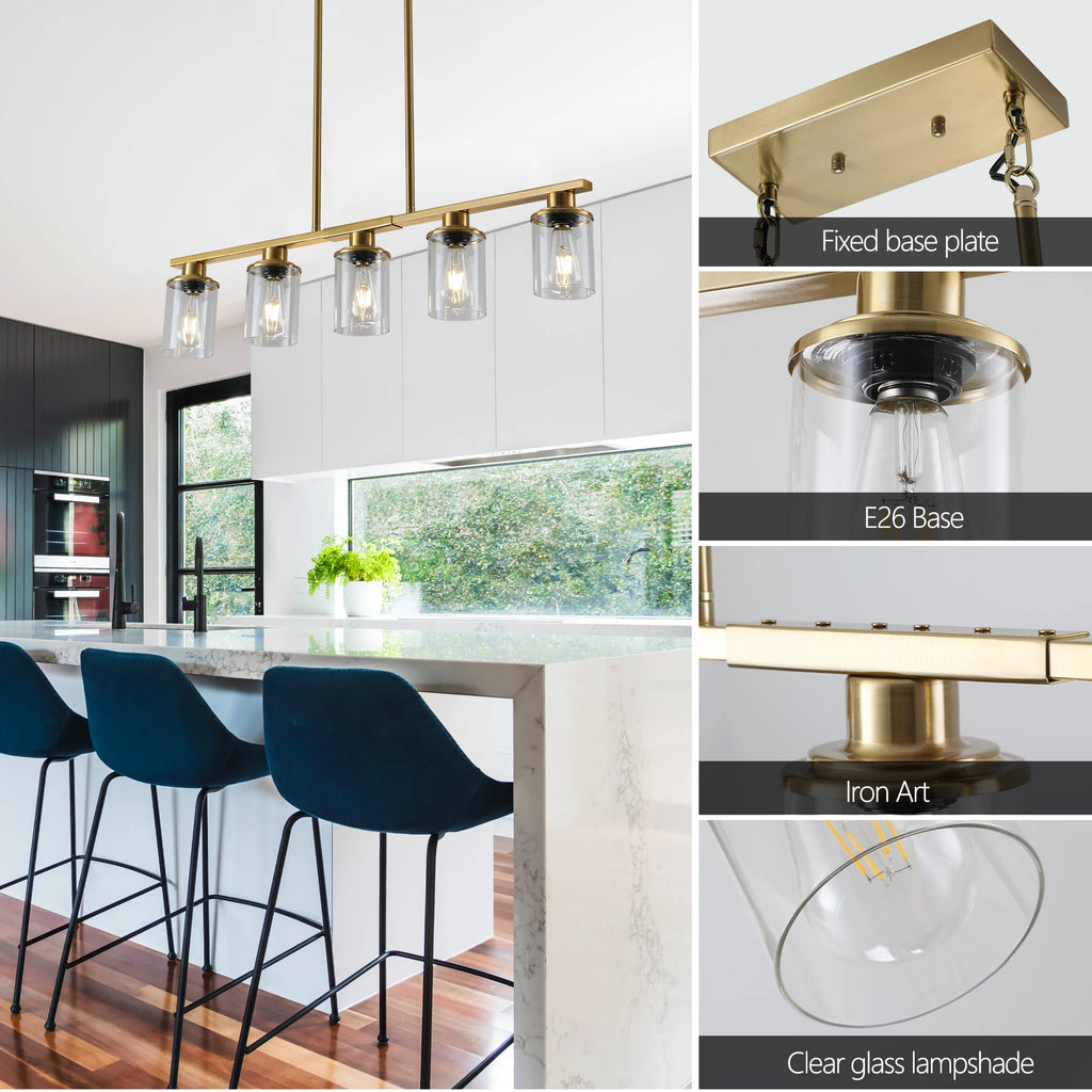 Industrial 5-Light Chandelier，Modern pendent lamp with Glass Shades, Golden Metal Frame Hanging Ceiling Light Fixture (No Bulbs)