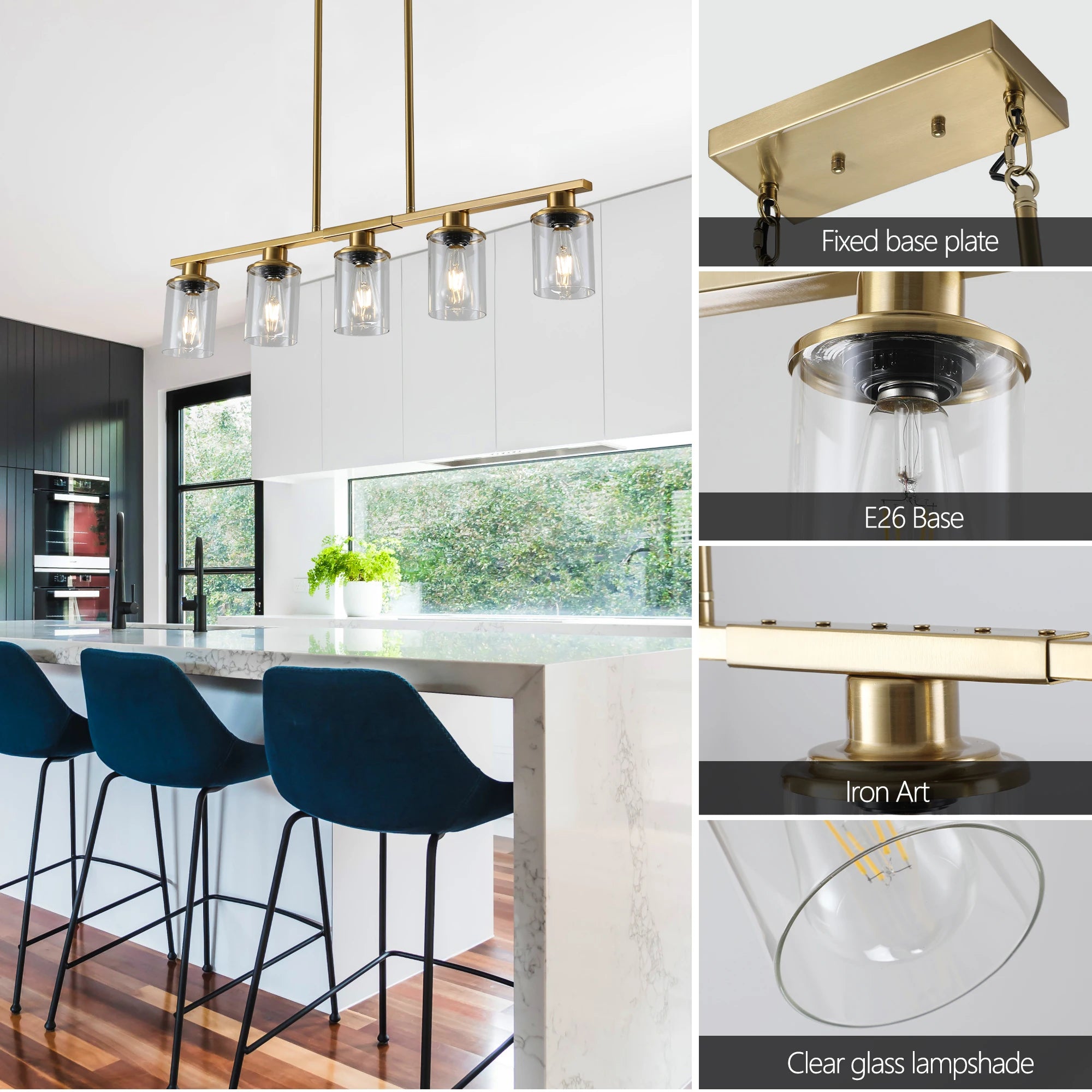 Industrial 5-Light Chandelier，Modern pendent lamp with Glass Shades, Golden Metal Frame Hanging Ceiling Light Fixture (No Bulbs)