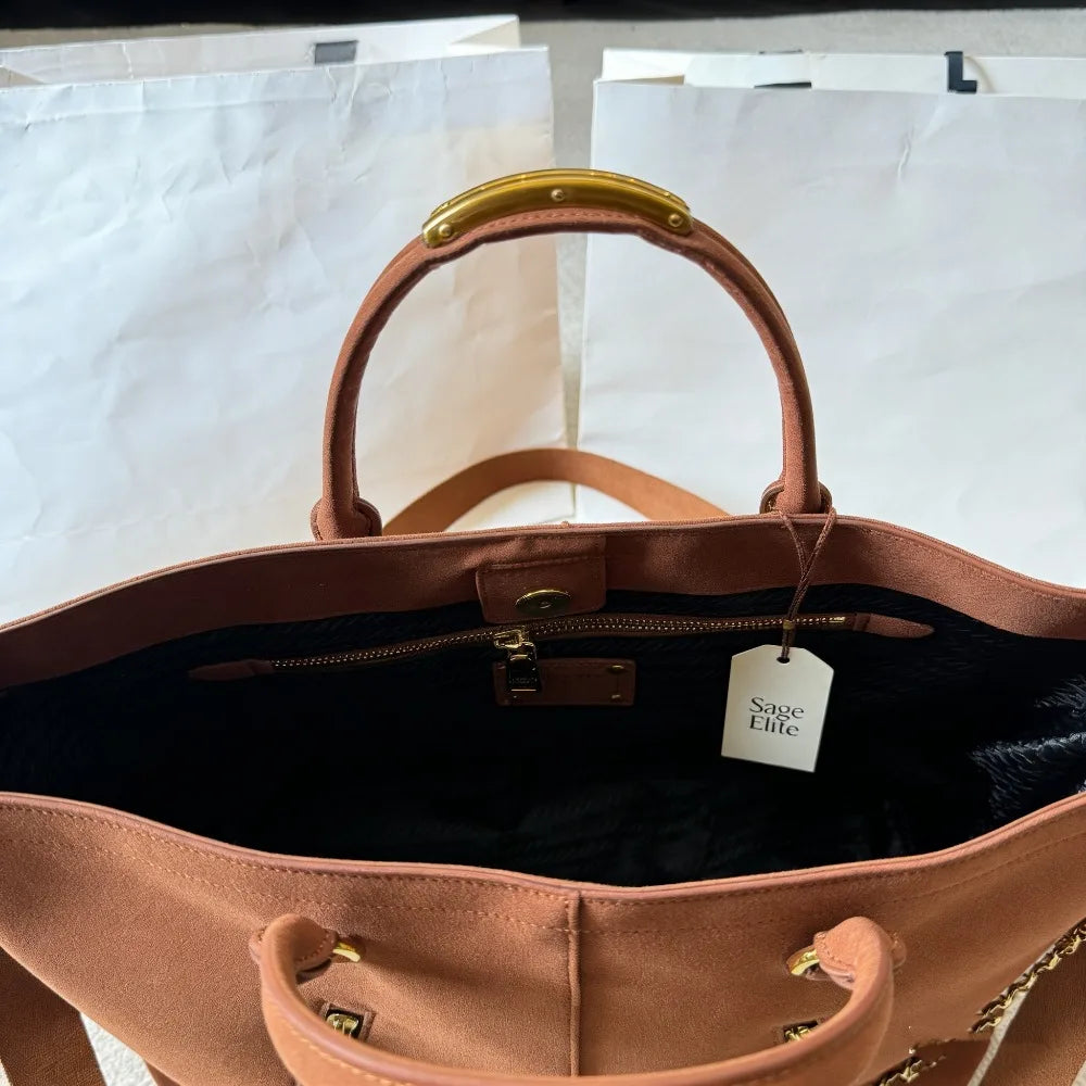 Sage Elite Brown Tote Bag Women's Fashion Chain Strap Handbag Stylish Large Capacity Crossbody Purse with Sage Elite Tag