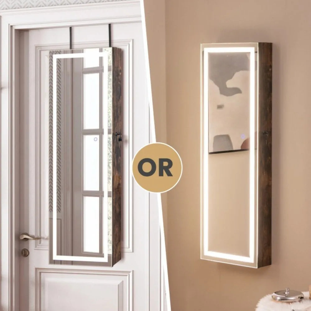 Jewelry Armoire Cabinet Organizer w/Full Length Mirror & 2 Internal LED Lights