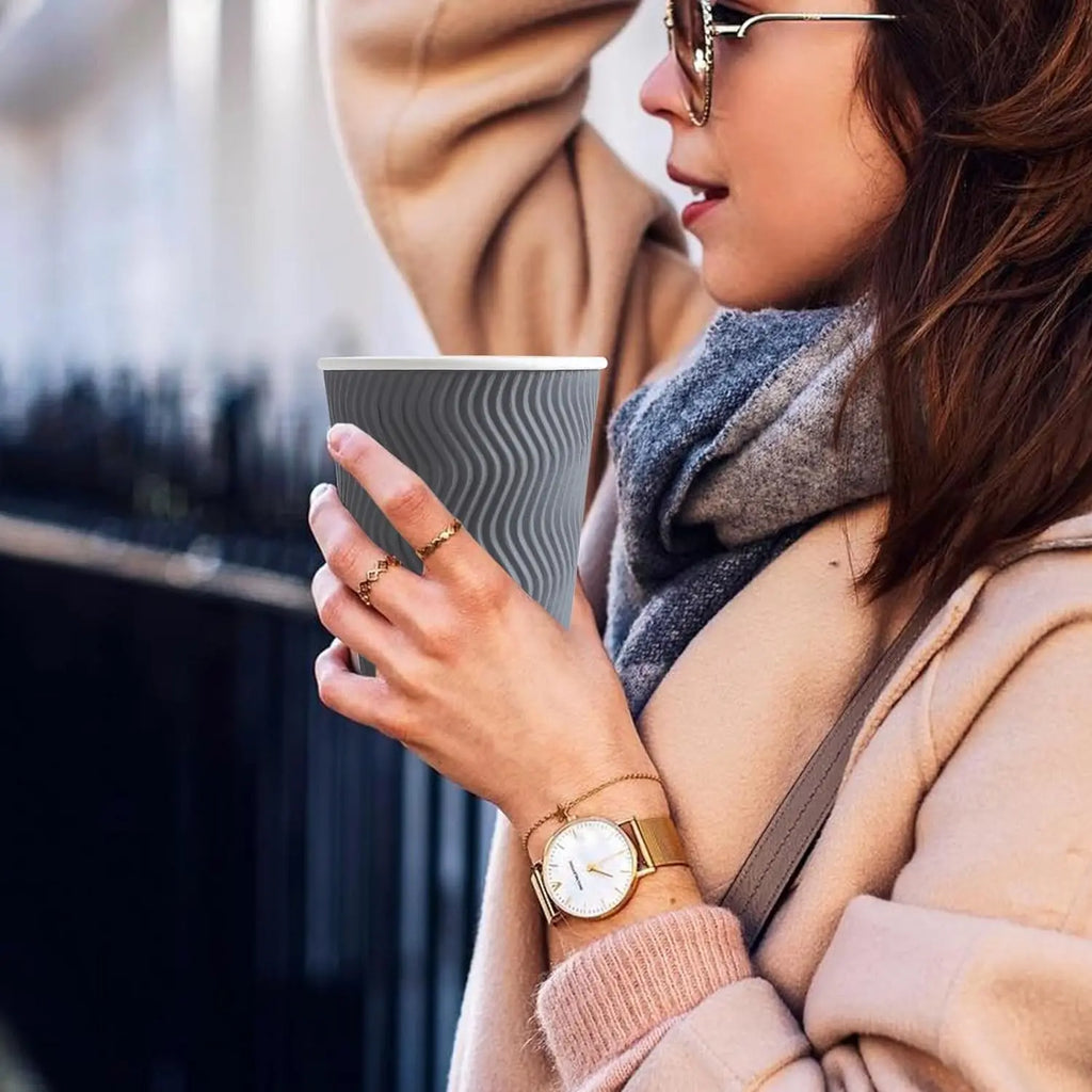 500 Count 12 oz Insulated Disposable Paper Cups, Corrugated Ripple Wall for Hot Beverages (Grey)