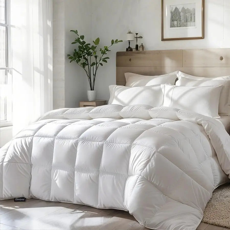 Goose Feather Down Fiber Comforter Queen Full Size All Season, Hotel Collection Fluffy 100 Cotton Cover Duvet Insert, Medium War