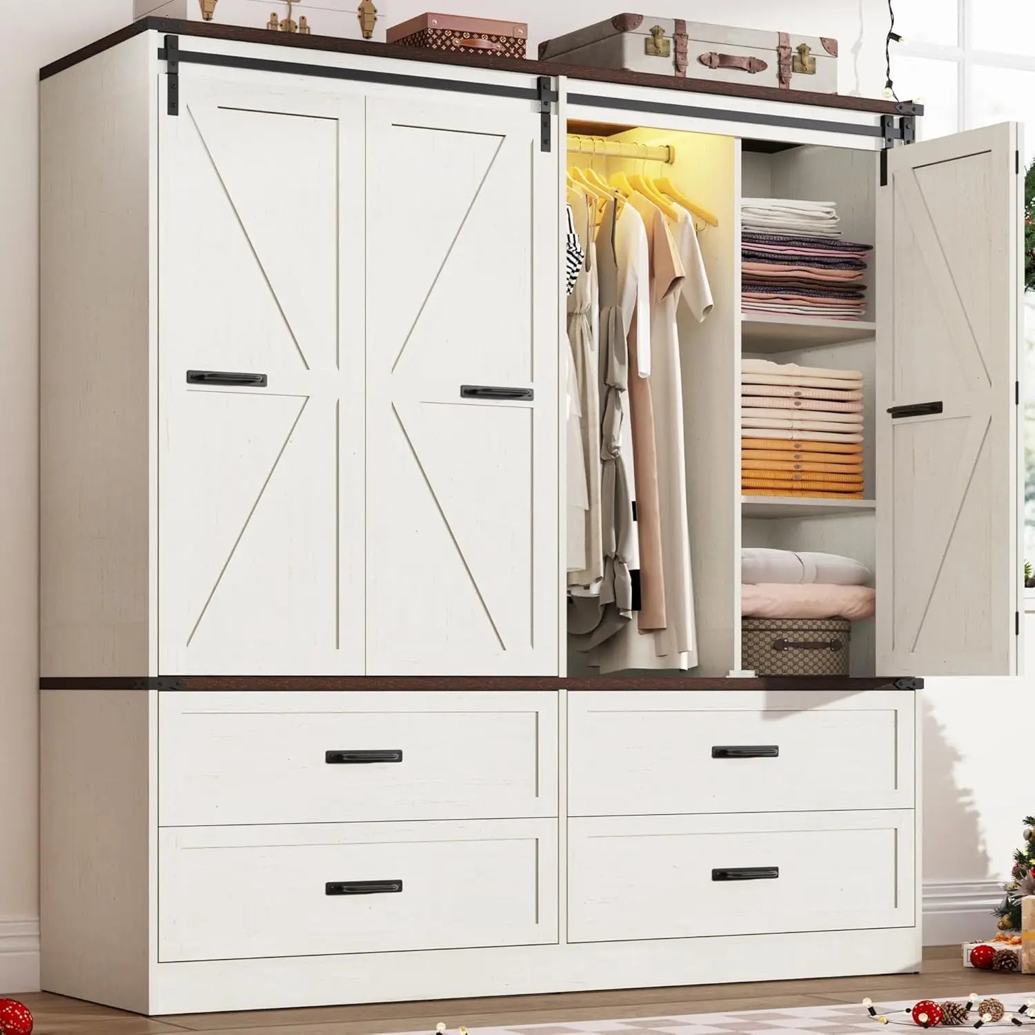 Farmhouse 4-Door Armoire with Sliding Barn Door, LED Lighting, Drawers & Hanging Rod, Antique White Freestanding Wardrobe