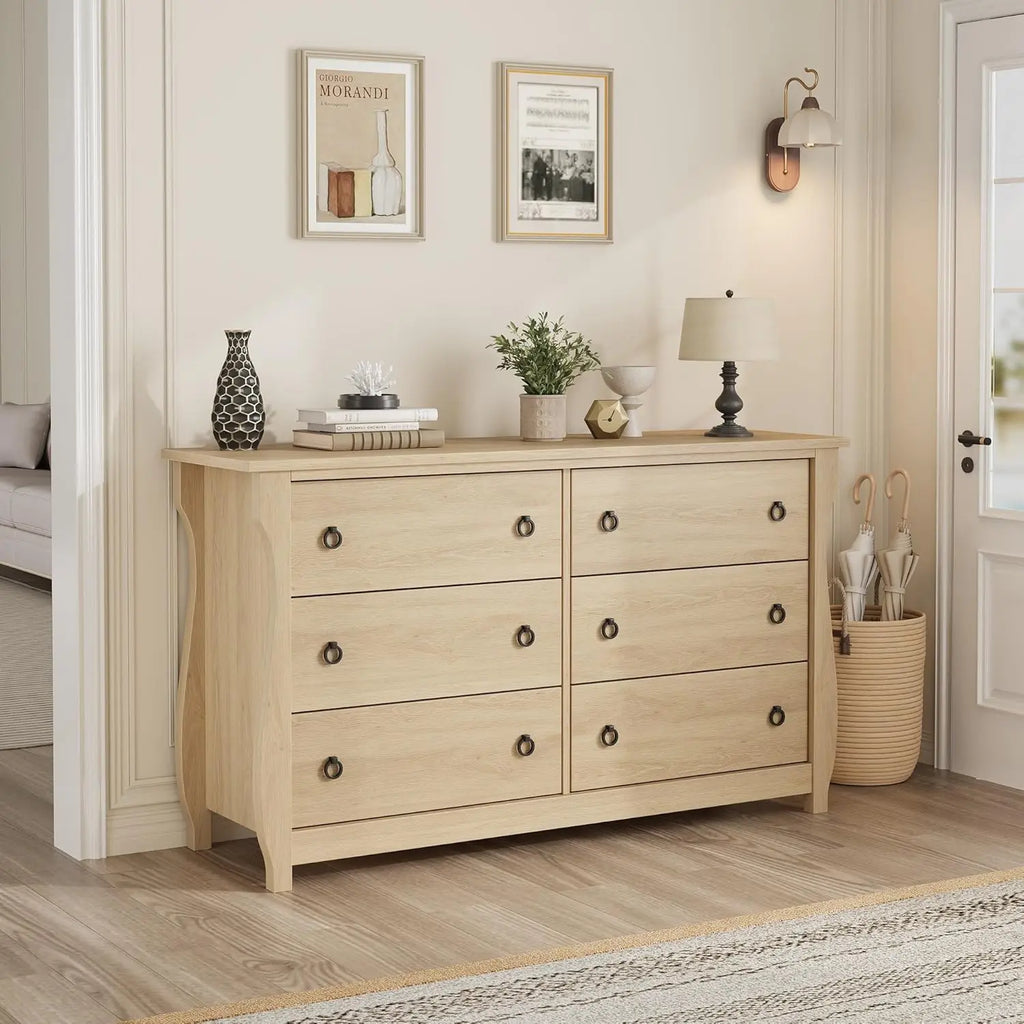 47 in Wide Chest of Drawer Modern Wood 6 Drawer Dresser with Black Ring Pull Handles Storage Organizer for Living Room Bedroom