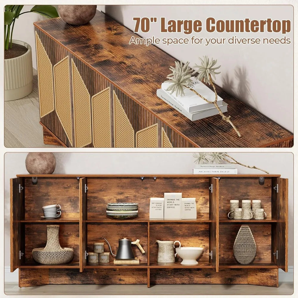 Large Modern Boho Rattan Buffet Sideboard Cabinet with Storage and Credenza