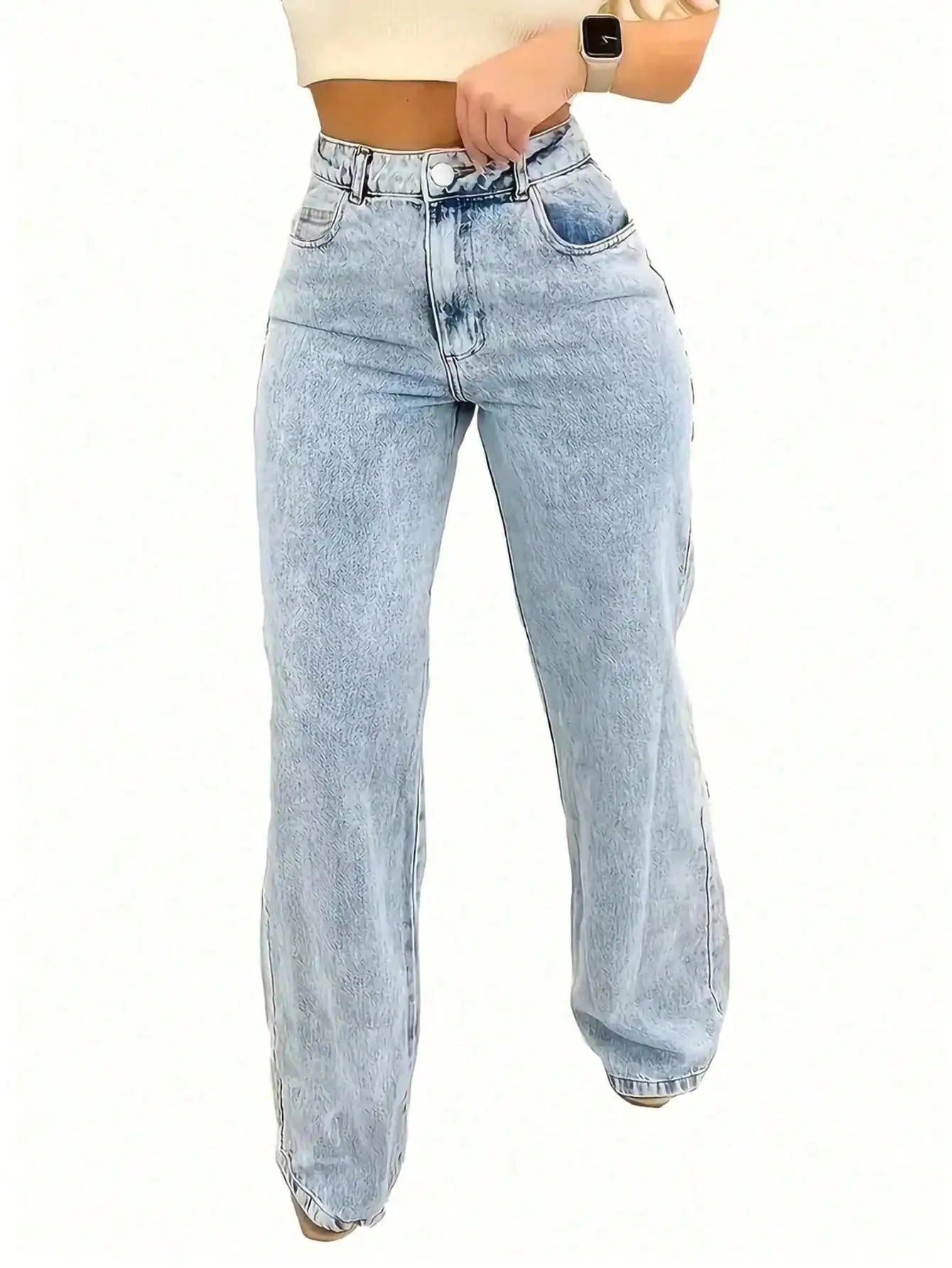 Women's High Waist Wide Leg Jeans, Light Wash Casual Denim Pants with Pockets