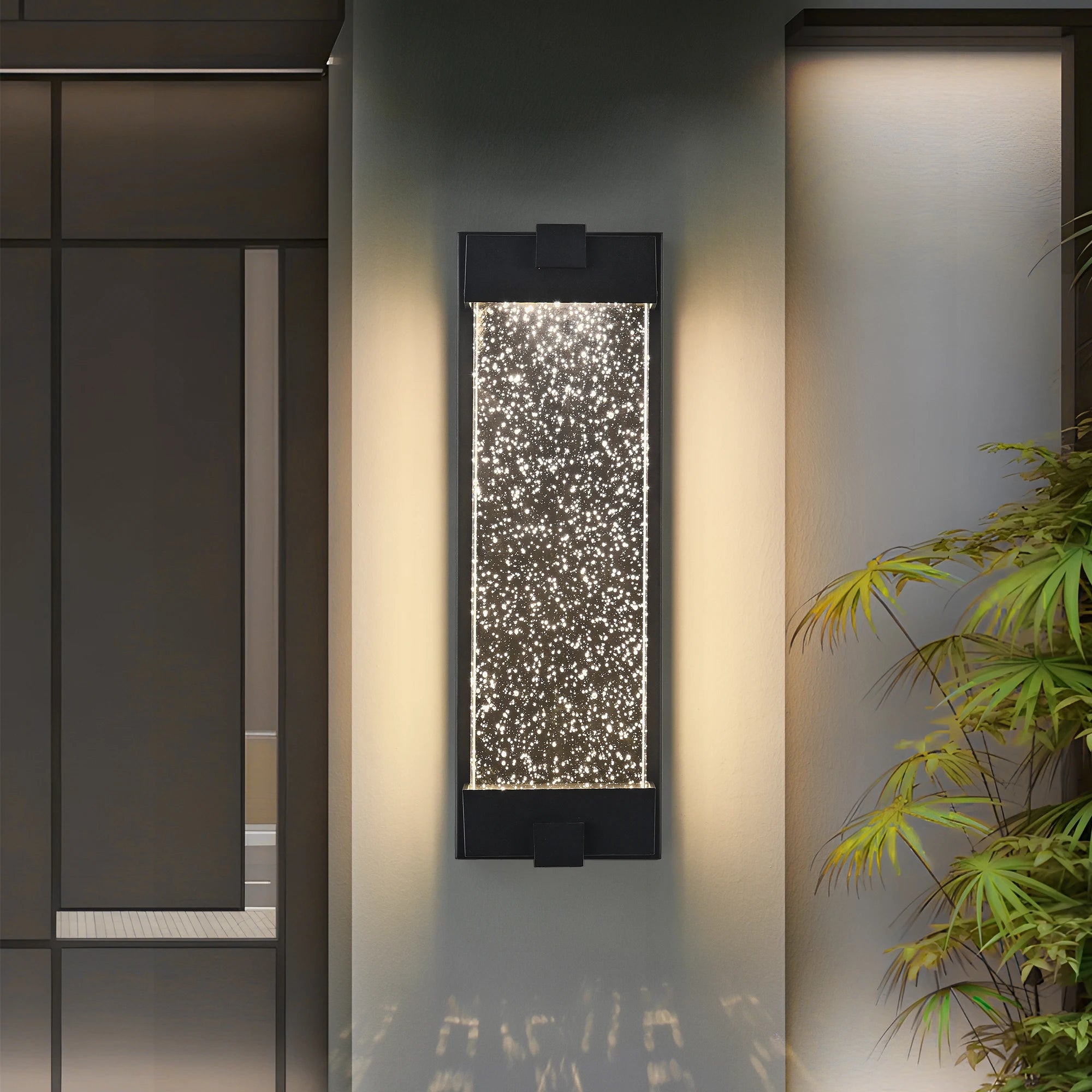 Black Large Aluminum Finish Outdoor Wall Light with Bubble Crystal Glass, LED Light Source, 3000K Warm Light, Weatherproof