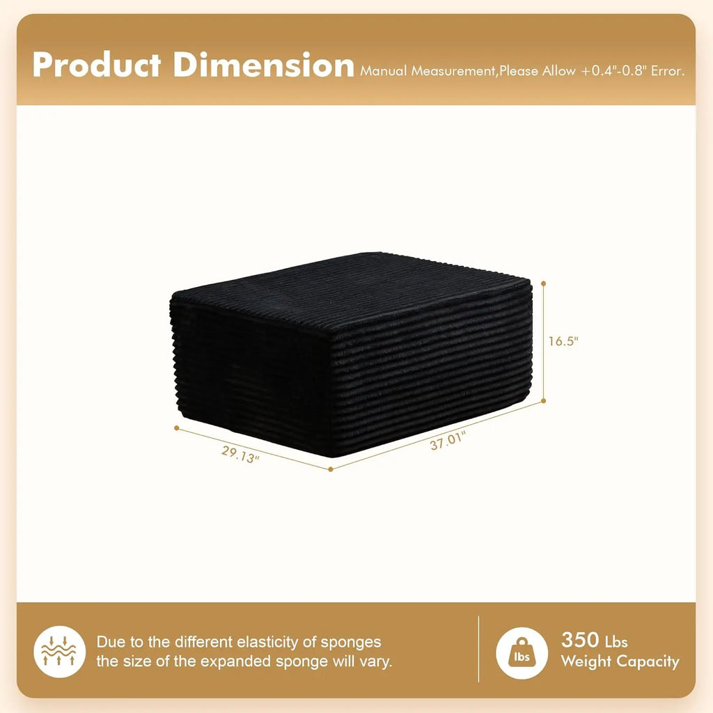 37.1' Plush Corduroy Ottoman for Couch, Black, No Assembly