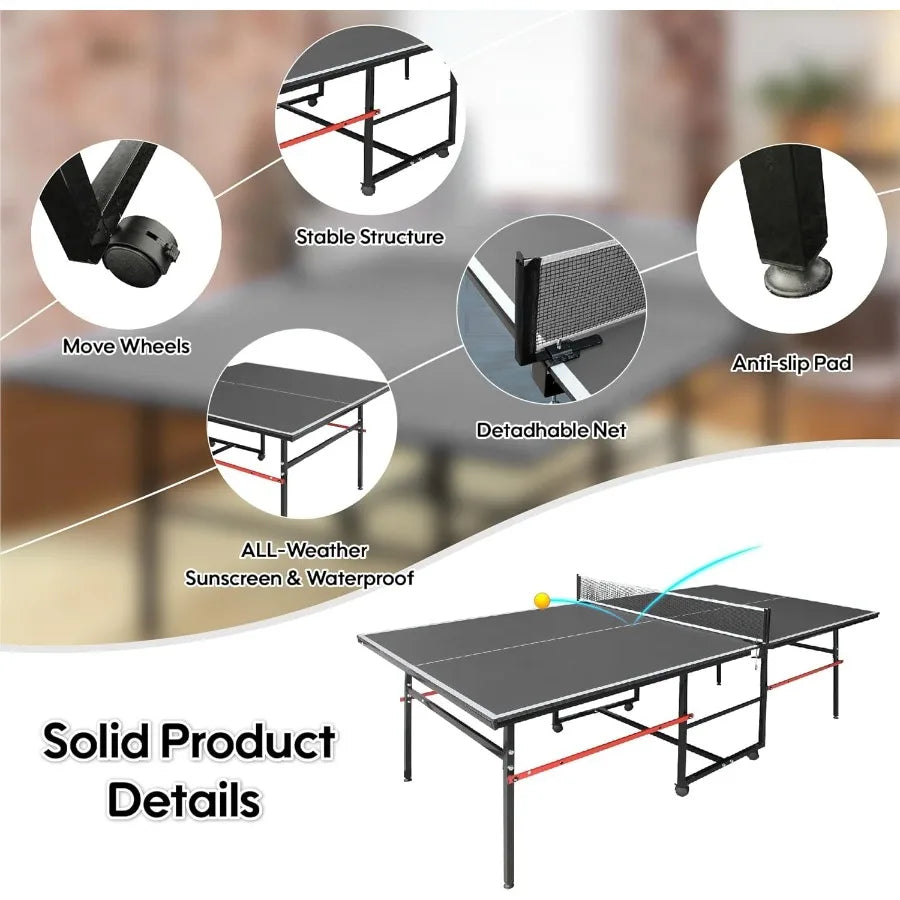 Foldable Ping Pong Table Indoor Outdoor 8X4 FT Professional Table Tennis Table with Net 2 Paddles 3 Balls Tournament Quality Fo