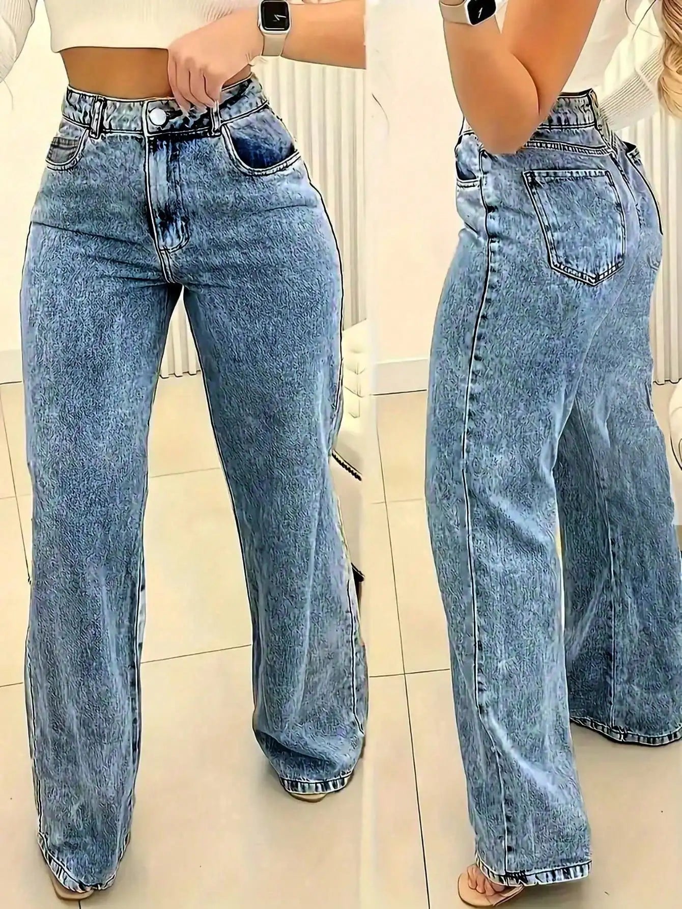 Women's High Waist Wide Leg Jeans, Light Wash Casual Denim Pants with Pockets