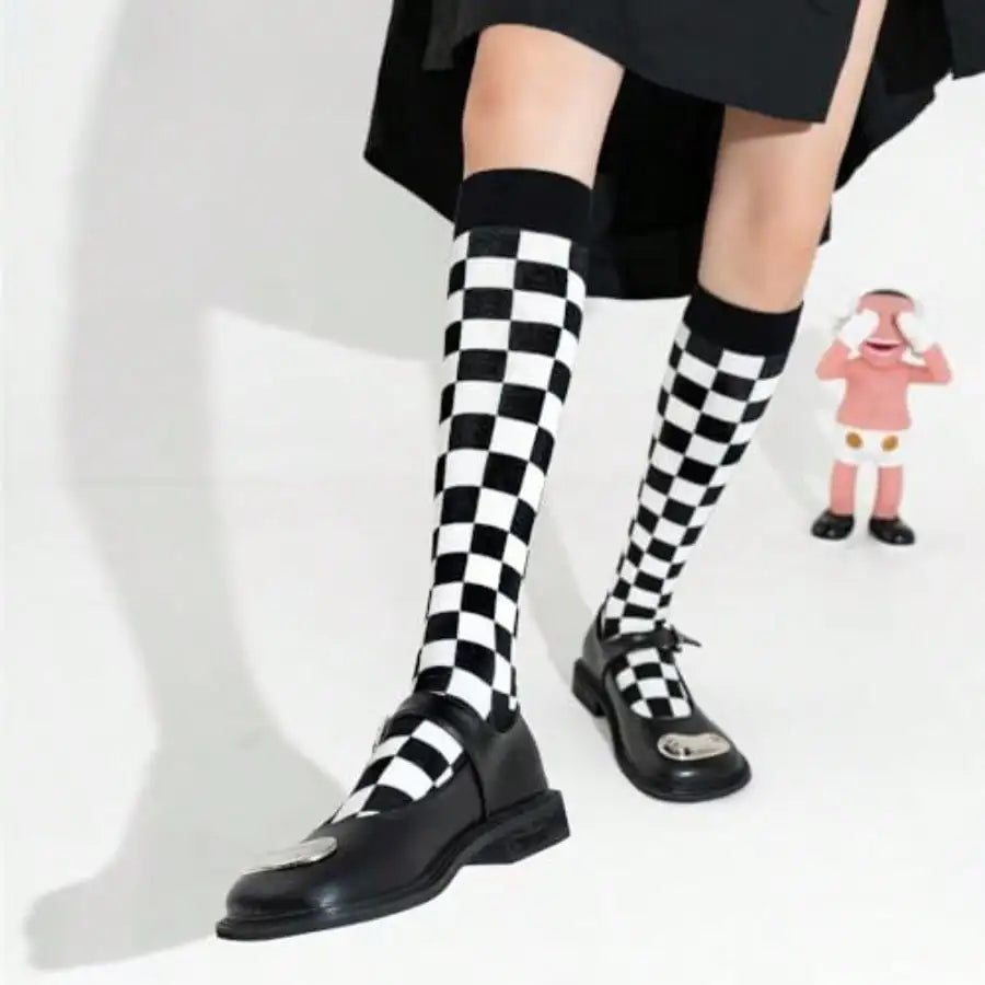 Black and White Checkered Knee High Socks for Women - Cotton Blend, Cute Knit Pattern, Athletic Style
