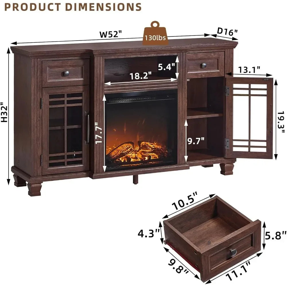 52" Fireplace TV Stand with 18”Silent Electric Fireplace, Farmhouse Entertainment Center for TVs up to 65", 2 Drawers，Customized