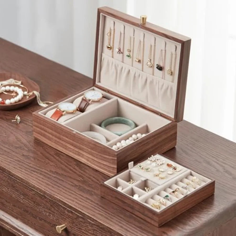 Black Walnut Wooden Jewelry Box for Women 2 Layer Jewelry Organizer with Removable Tray for Watches Rings Earrings Necklace Bra