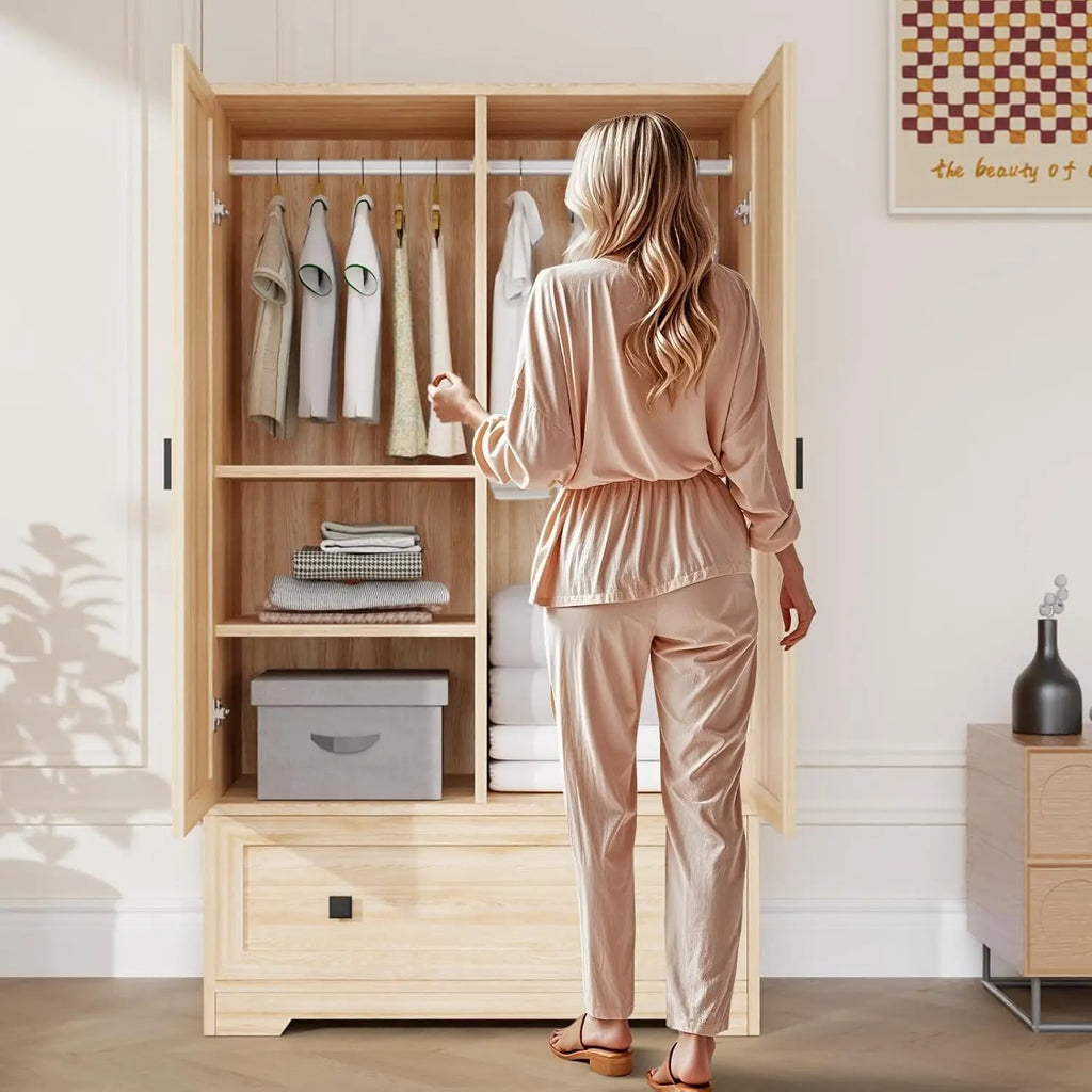 Armoire Wardrobe Closet With Doors, Hanging Rod, Shelves and Drawer - Freestanding Cabinet for Bedroom, Dorm - Oak,, Customized