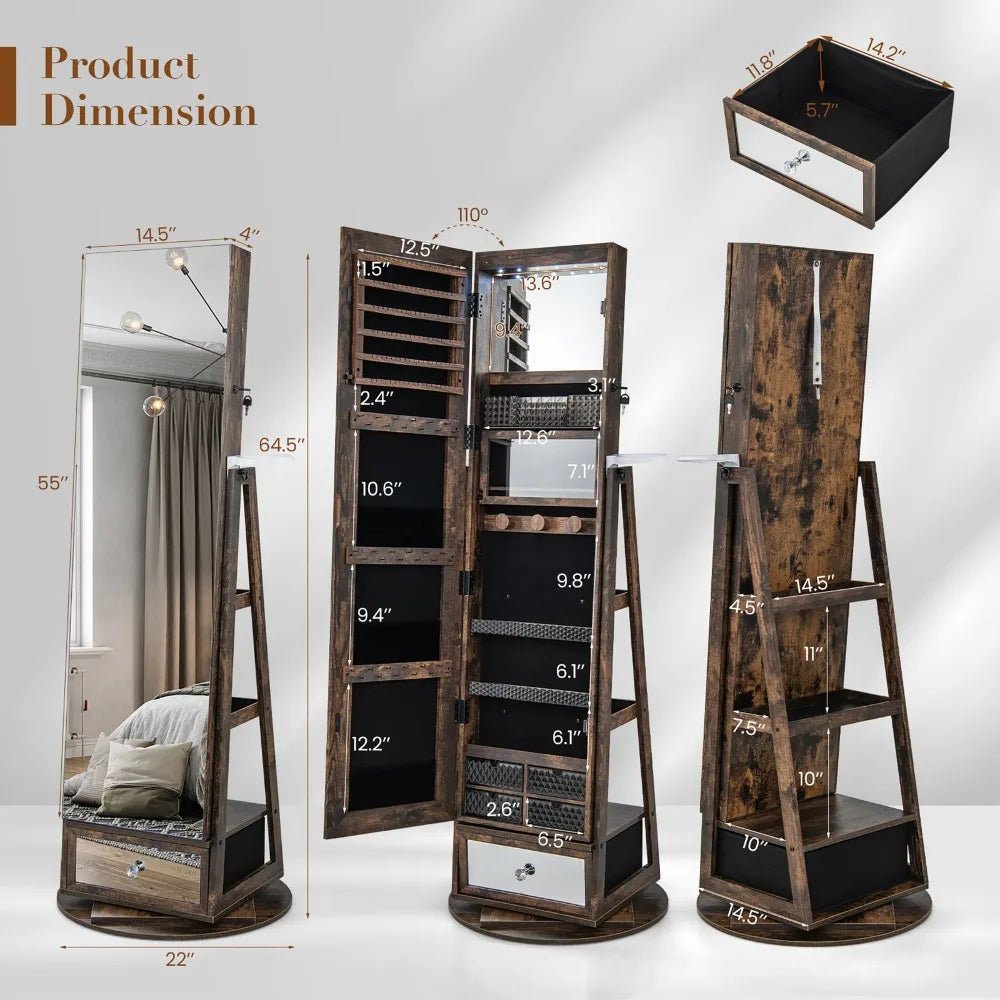 360° Swivel Jewelry Cabinet Full Length Mirror w/Built-in Lights Rustic Brown