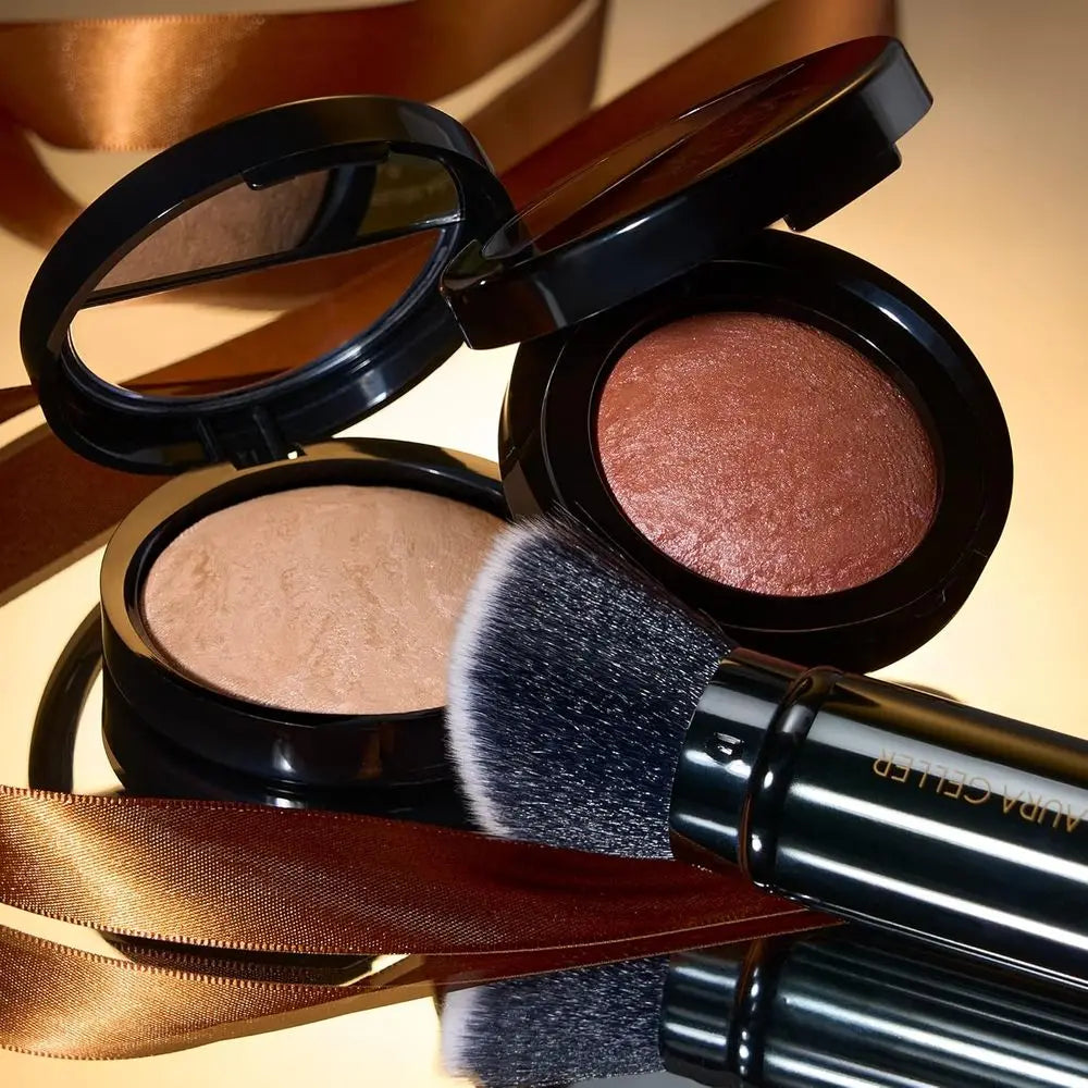 3 PC Kit: Illuminating CC Powder Foundation Light, Retractable Kabuki Brush, Blush-N-Brighten Pink Graperuit