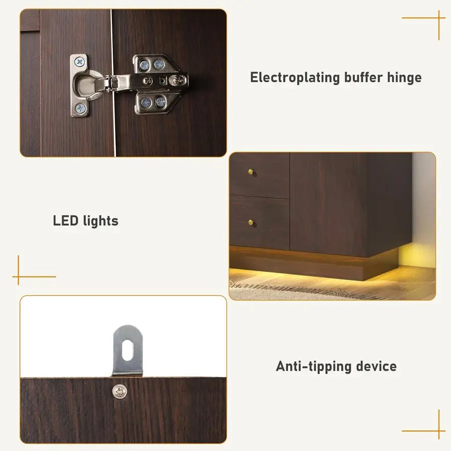 Doors Armoire Wardrobe Closet with Mirror, LED Armoire with Doors and Drawers, Wooden Wardrobe Storage Cabinet with Hanging Rod