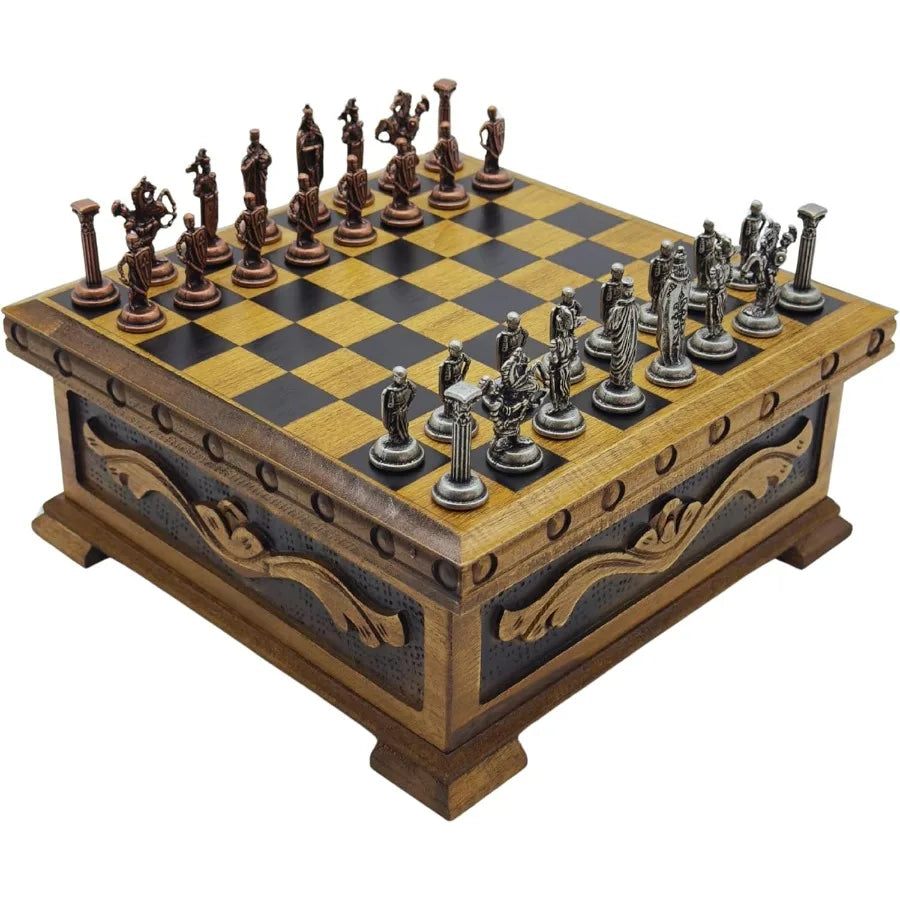 Wooden Chess Set with Storage Handcrafted Chess Board and British Figure Metal Chess Pieces Decorative Chess Game for Adults Pr