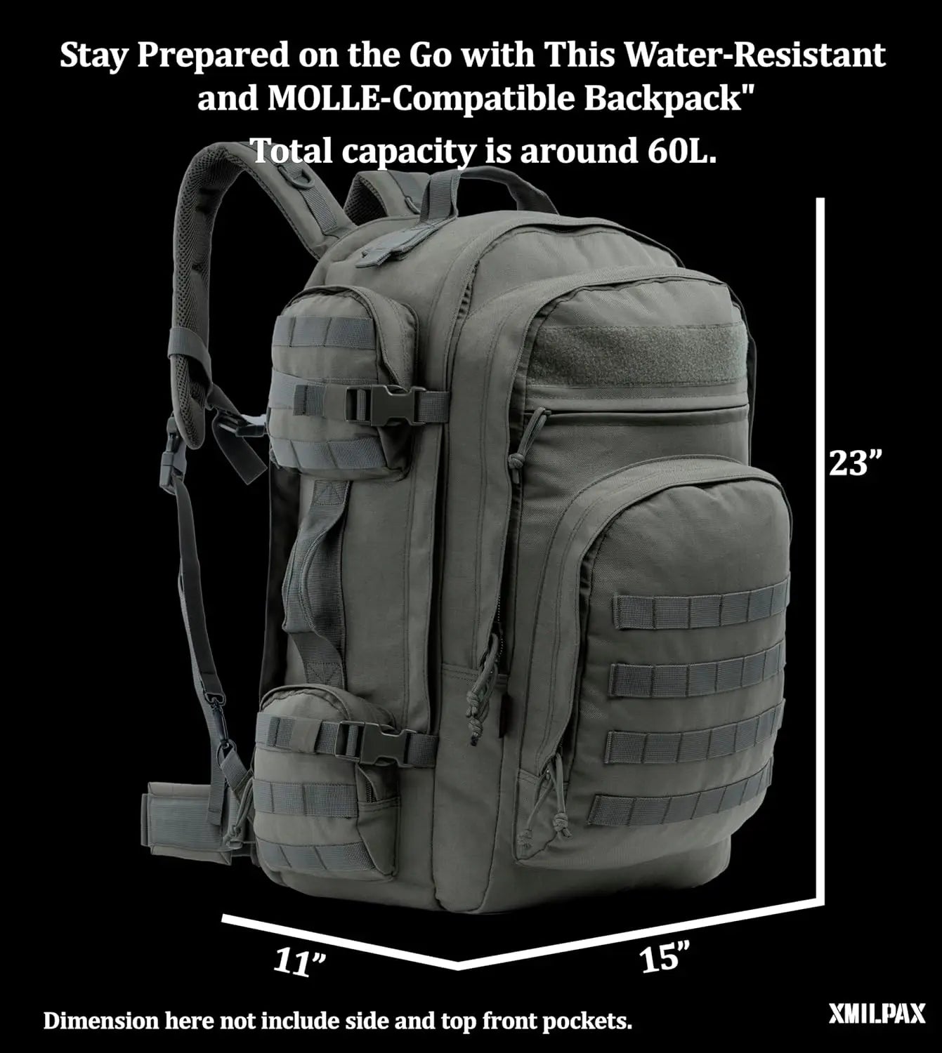 Large Tactical Backpack Bag with Stowable Shoulder Straps for Hiking, Camping, Traveling, Bug-Out 58L