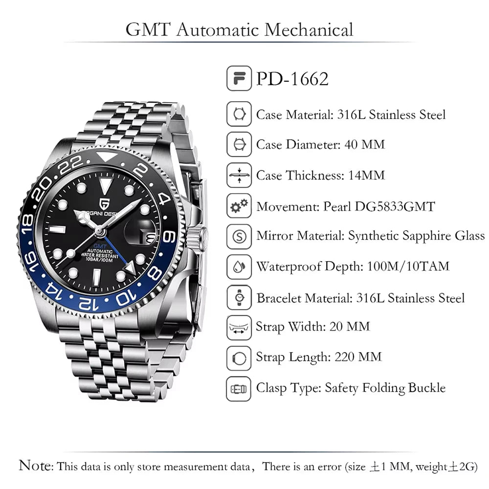 PAGANI DESIGN GTM Mechanical Watch 40mm Mens Wristwatch Top Brand 1662 Automatic Watches 100M Waterproof Clock Relogio Masculino