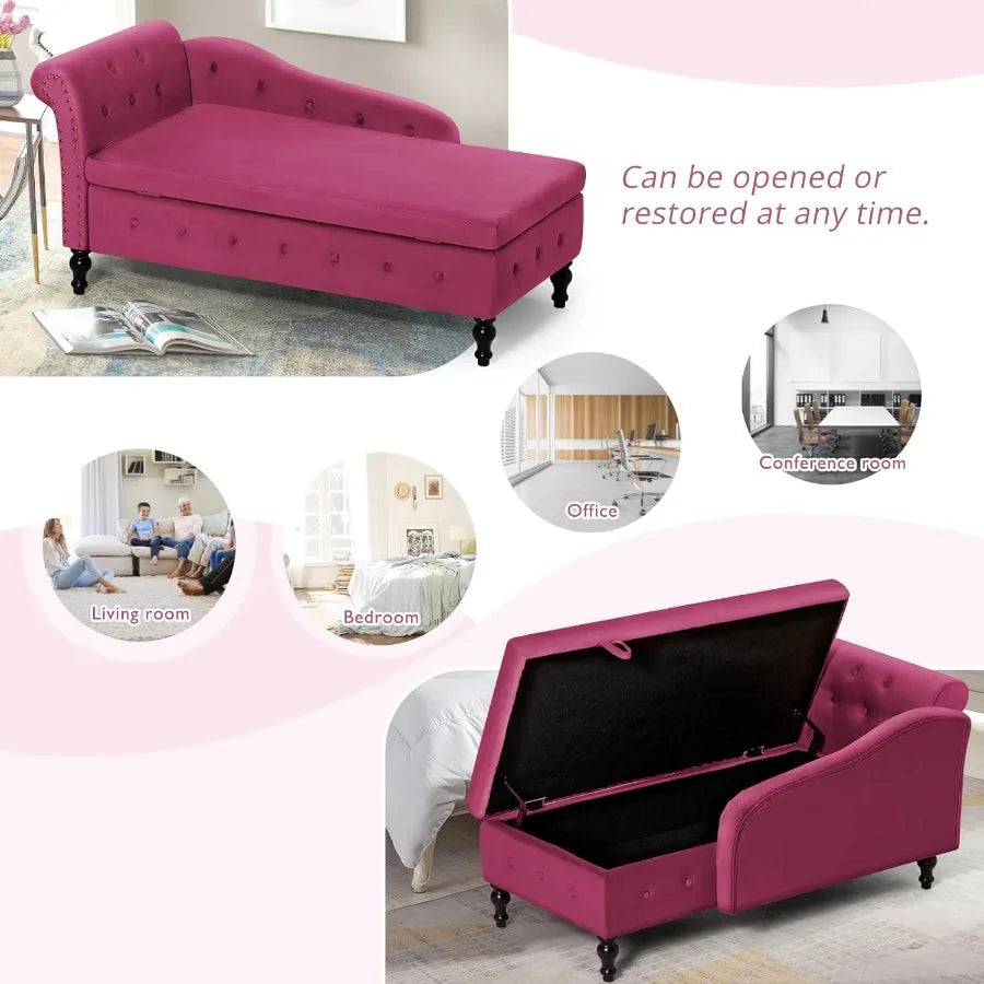 Modern Fuchsia Velvet Chaise Lounge with Left Armrest and Builtin Storage Space Button Tufted Upholstered Lounge Chair with Lum