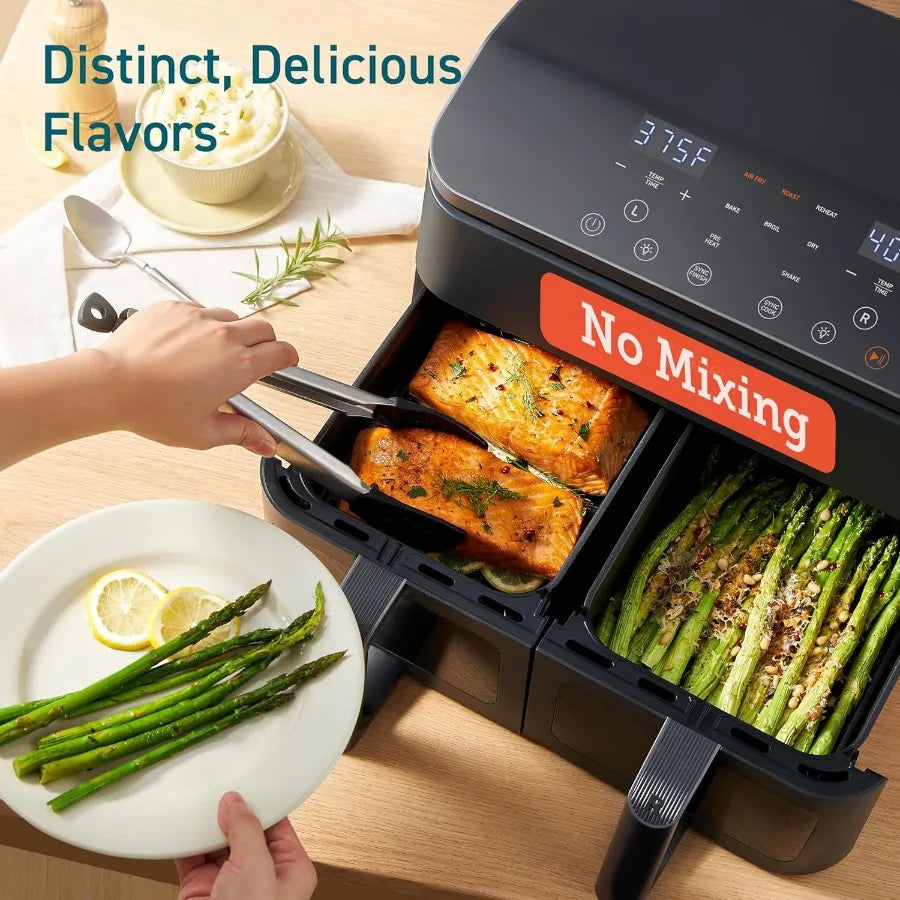 Dual Air Fryer 9Qt 10-in-1 Fresh Balanced Meals for Family and with Double Baskets Sync Cook Finish to Bake Roast Reheat Broil