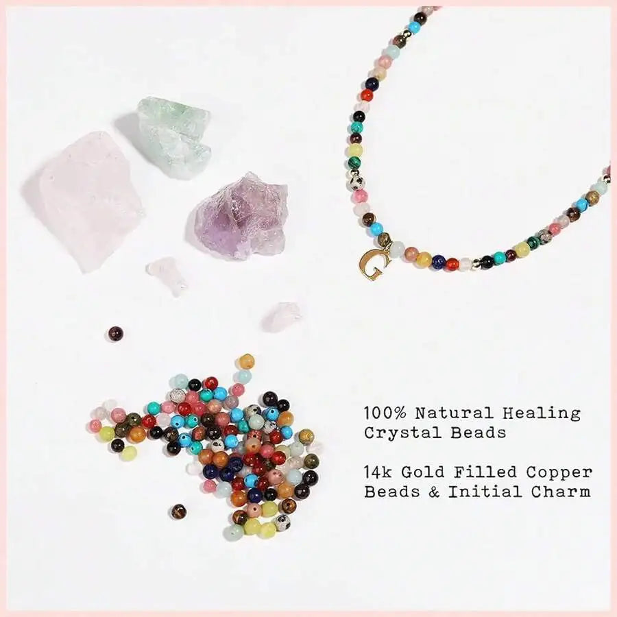 Colorful Beaded Choker Necklace with Gold-Tone Initial Pendant, Handmade Boho Style Summer Jewelry