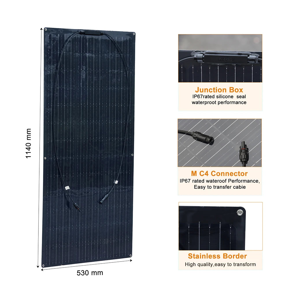 BOGUANG Semi- Flexible Solar Panel Balcony Photovoltaic PV 1500W 600W 450W 300W 150W 12 volt |  IP67 | Grade A cells | PET |ETFE