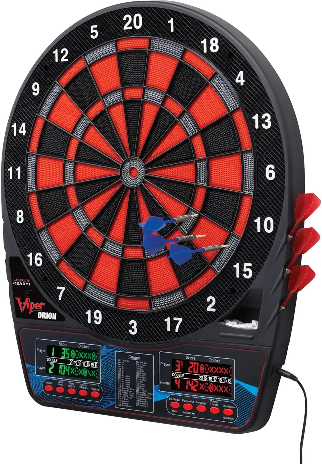 Orion Electronic Dartboard, 15.5 in Regulation Target, 43 Games, Dual LCD Displays, 8 Players, 6 Darts Included, Black