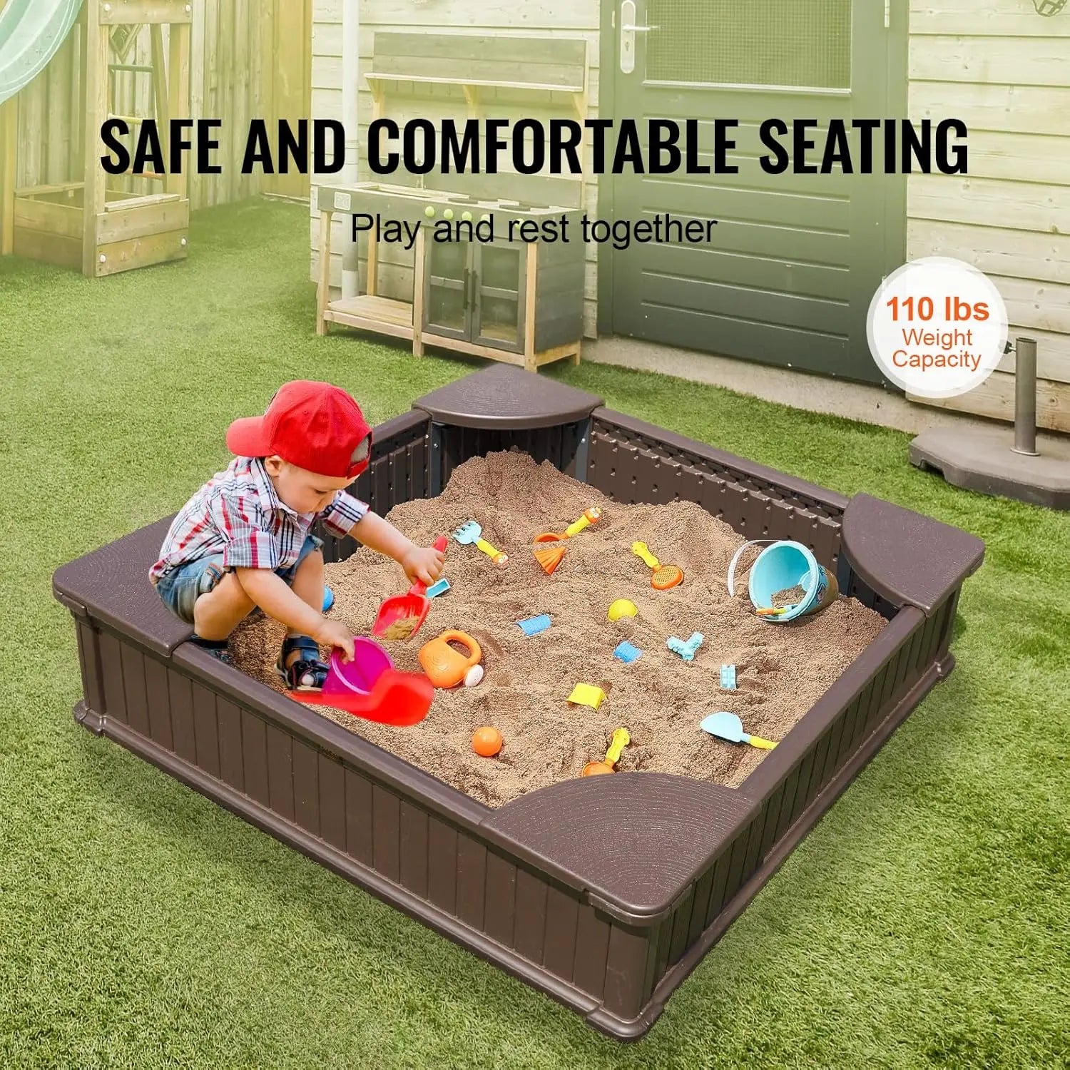 Sandbox with Cover, 48.6''x48.6''x12.4'' Square Sand Box, Sand Pit with 4 Corner Seats & Bottom Liner, Gift for Ages 3-12 Y