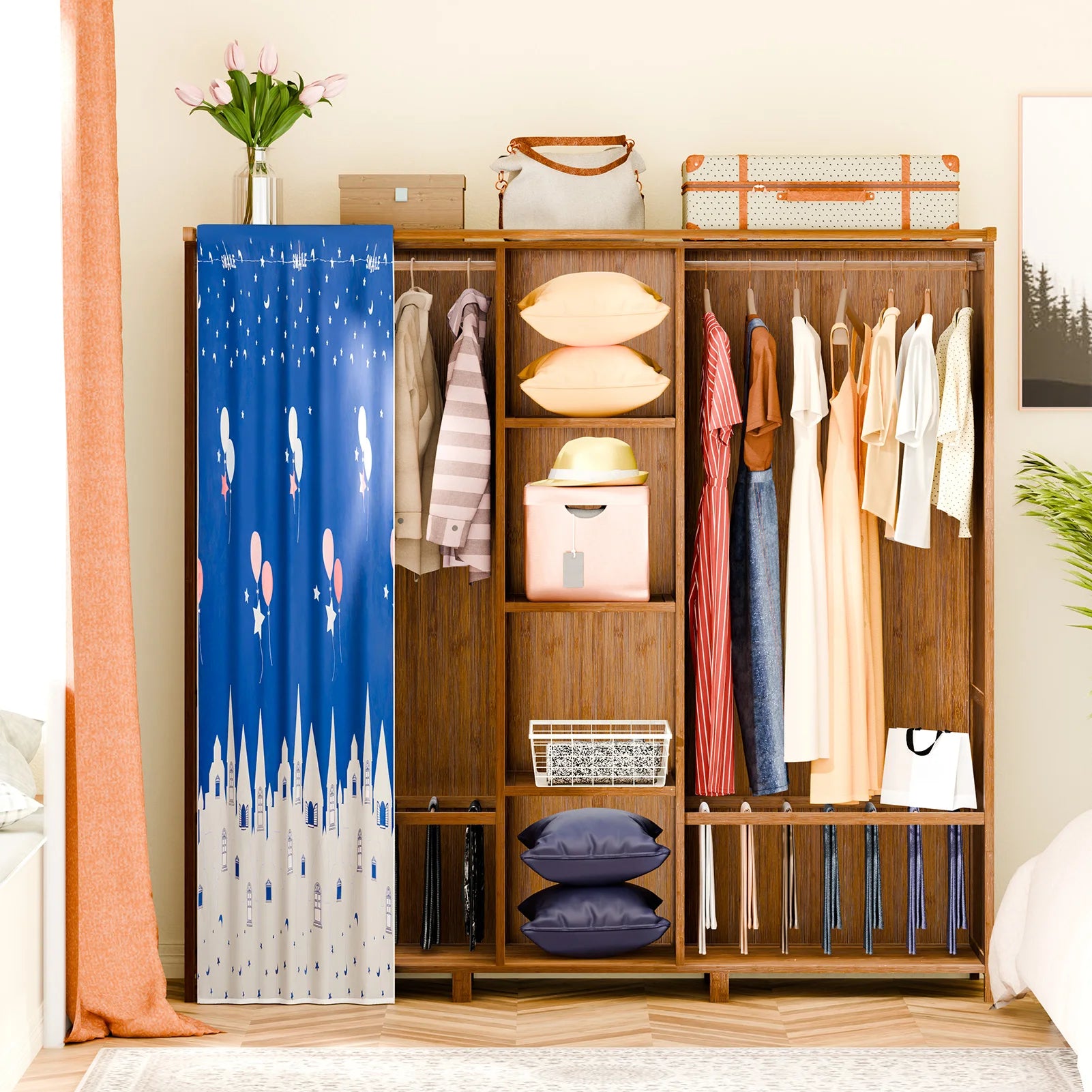 Freestanding Closet Organizer, Heavy Duty Garment Rack with 2 Hanging Rods, 6 Opening Shelves and Blue Curtain, Wardrobe Closet