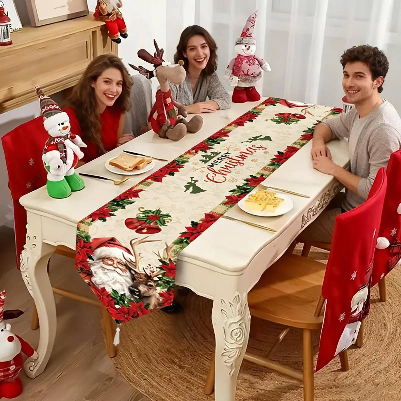Christmas Table Runner 72 Inch Linen Tablecloth Gingerbread Man Santa Claus Winter Table Runner For Winter Party Decorations