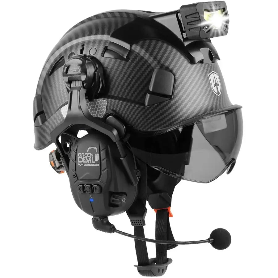 Hard Hat Safety Helmet with Visor Bluetooth Ear Muffs and Headlamp 5 in 1 Full Protection Vented Work Hardhat ANSI Z89.1 Cascos