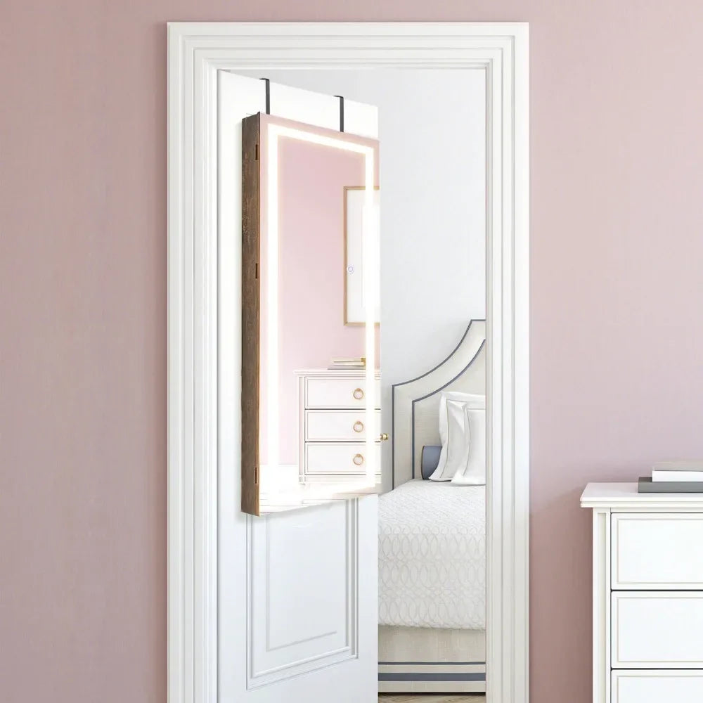 LED Mirror Jewelry Cabinet Wall/Door Mounted Organizer Armoire w/ 3 Color Light