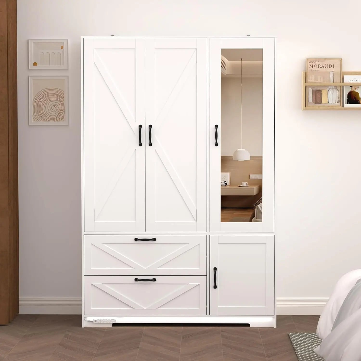 Armoire Wardrobe Closet with Mirror Door & LED Light,3 Doors Bedroom Armoire with Drawers& Adjustable Shelves&Hanging Rods