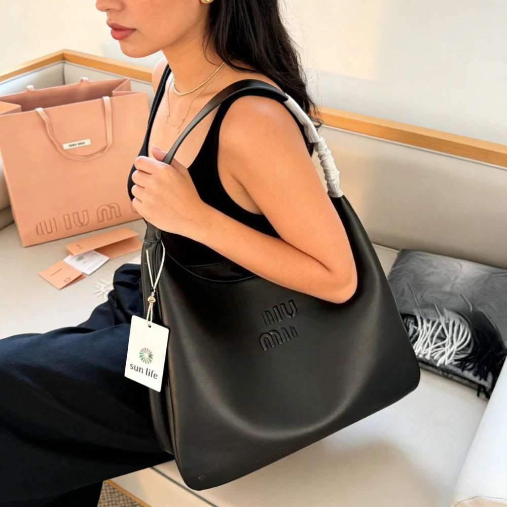 Black Leather Hobo Bag - Trendy Large Capacity Shoulder Bag with Embossed Logo, Fashion Women's Designer Handbag