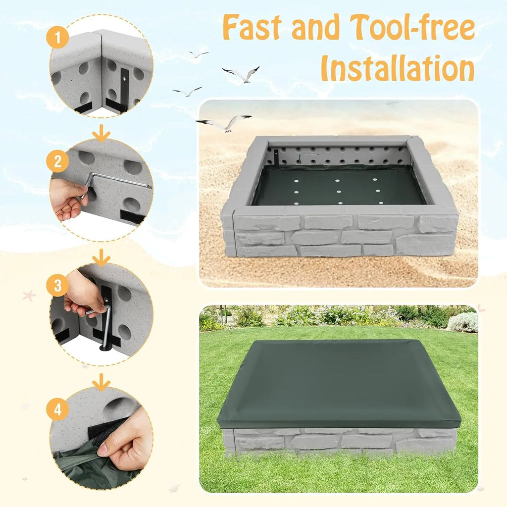 Sandbox with Cover, 47x47 Inch Square Sand Pit for Backyard, Bottom Drainage Oxford Liner, Playful All Weather Resistant Sa