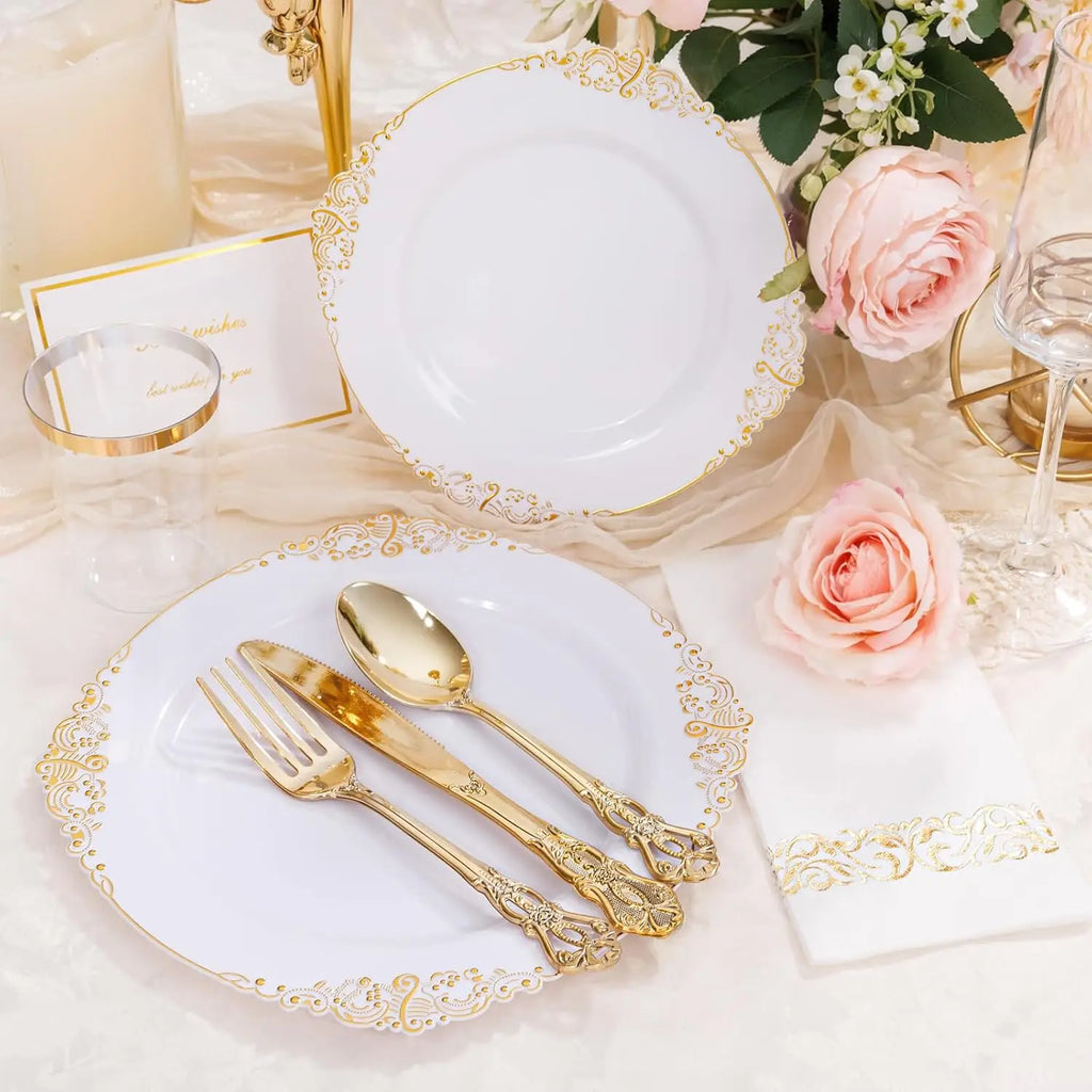 700PCS Gold Plastic Dinnerware Set - White and Gold Disposable Plates for 100 Guest - 200 Disposable Plates, 300 Heavy Duty