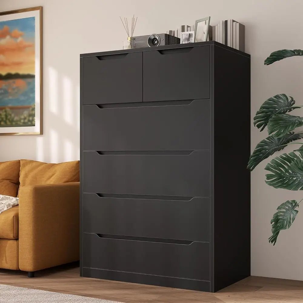 Contemporary Black Wooden 6-Drawer Dresser for Bedroom, Living Room, and Hallway, 43.2H x 27.6W x 15.6D