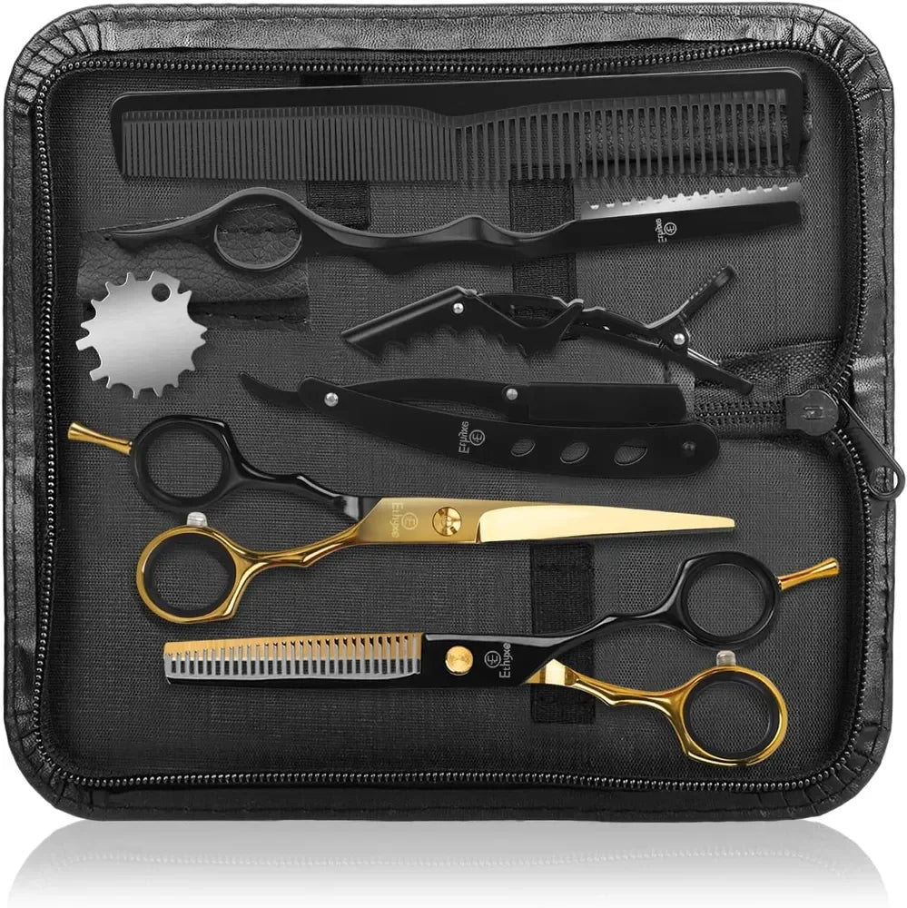 Hair Cutting Scissors Kit - 9 PCS Professional Stainless Steel Shears for Home, Salon & Barber (Black & Gold)