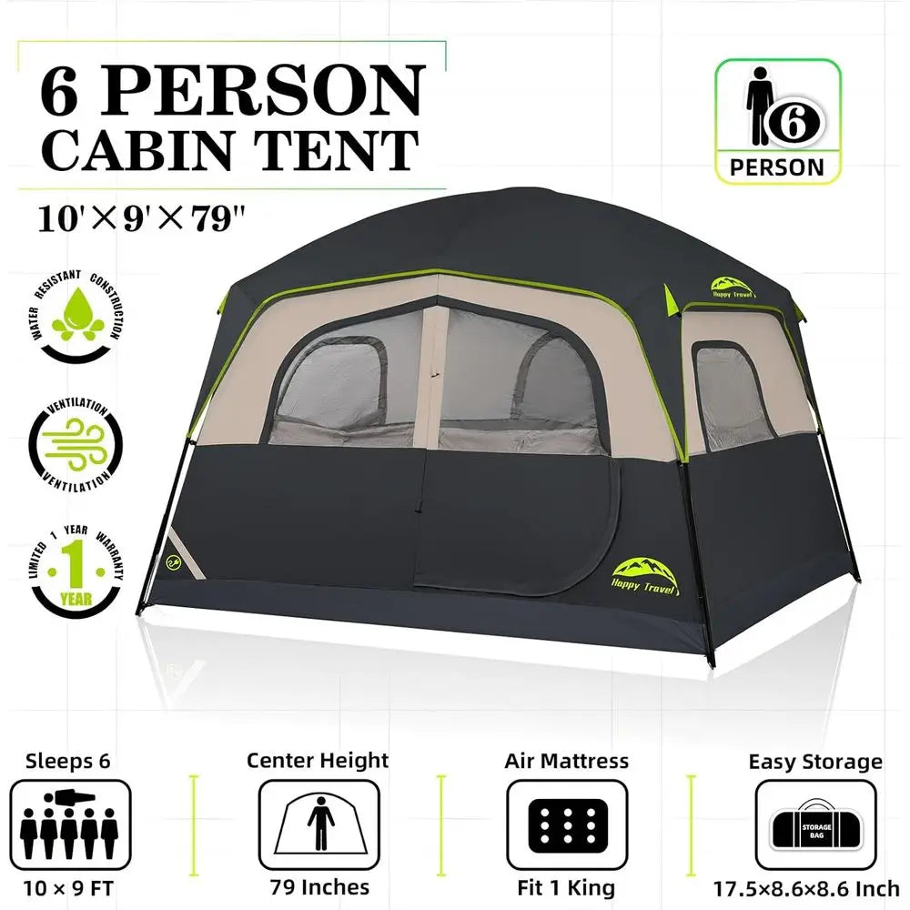 6-Person Waterproof Camping Tent with Rainfly, Easy Setup Family Cabin Tent featuring 5 Mesh Windows and Portable Carry Bag for