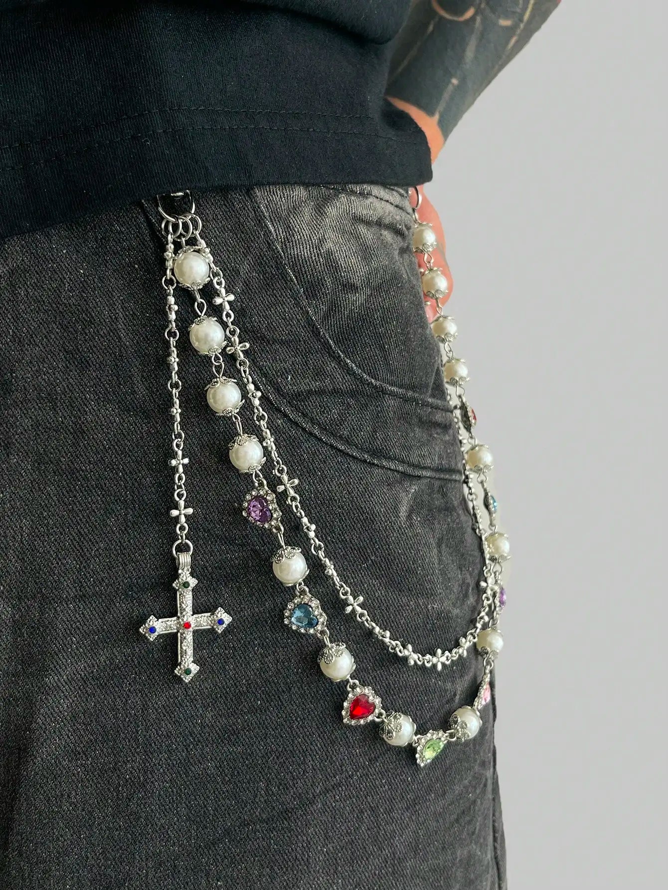 Vintage Punk Hip Hop Pants Chain with Cross, Faux Pearls & Multi-Color Crystals for Men Women