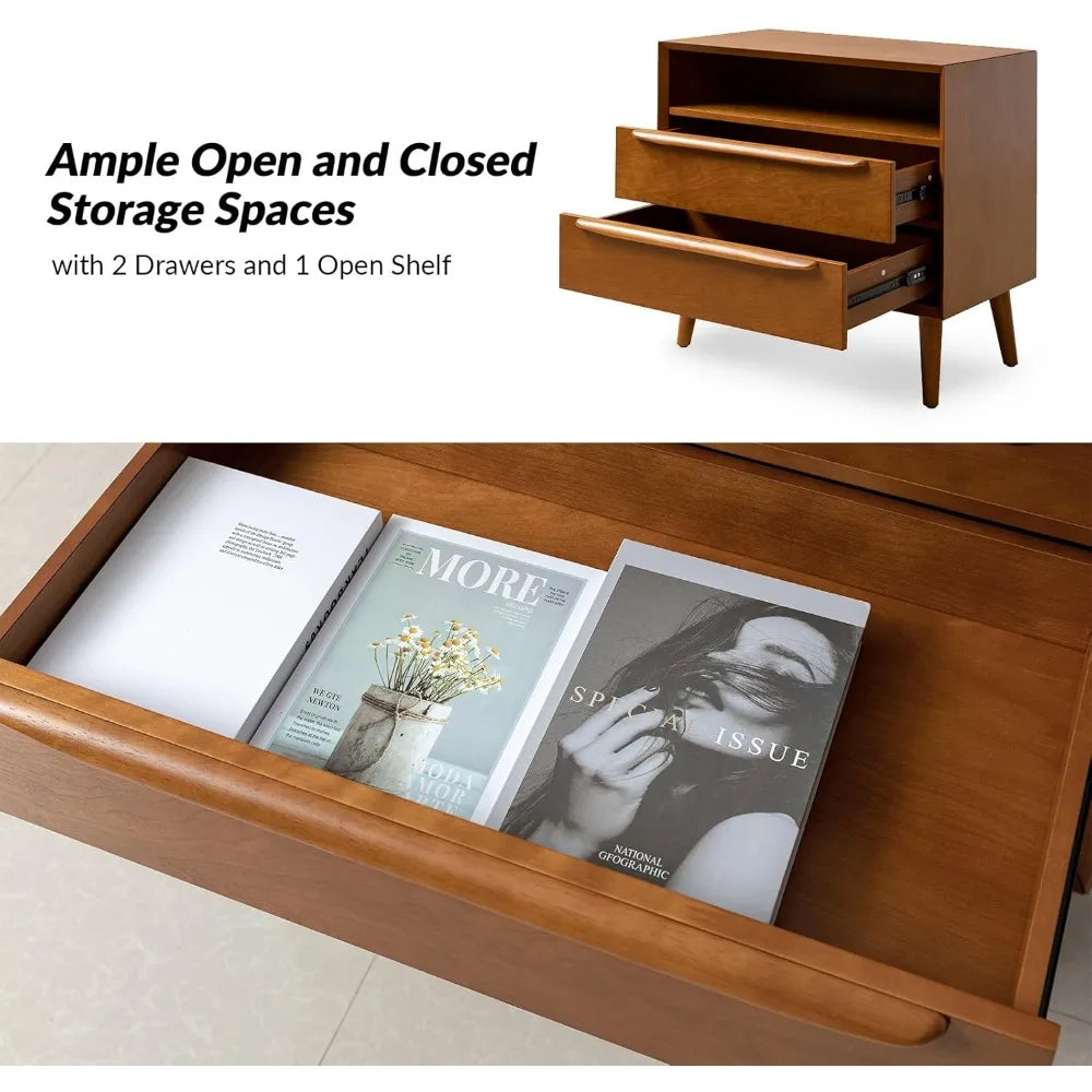 hulala home nightstand with charging station, mid-century modern 2 drawer and open shelf dresser for bedroom, fluted bedside tab