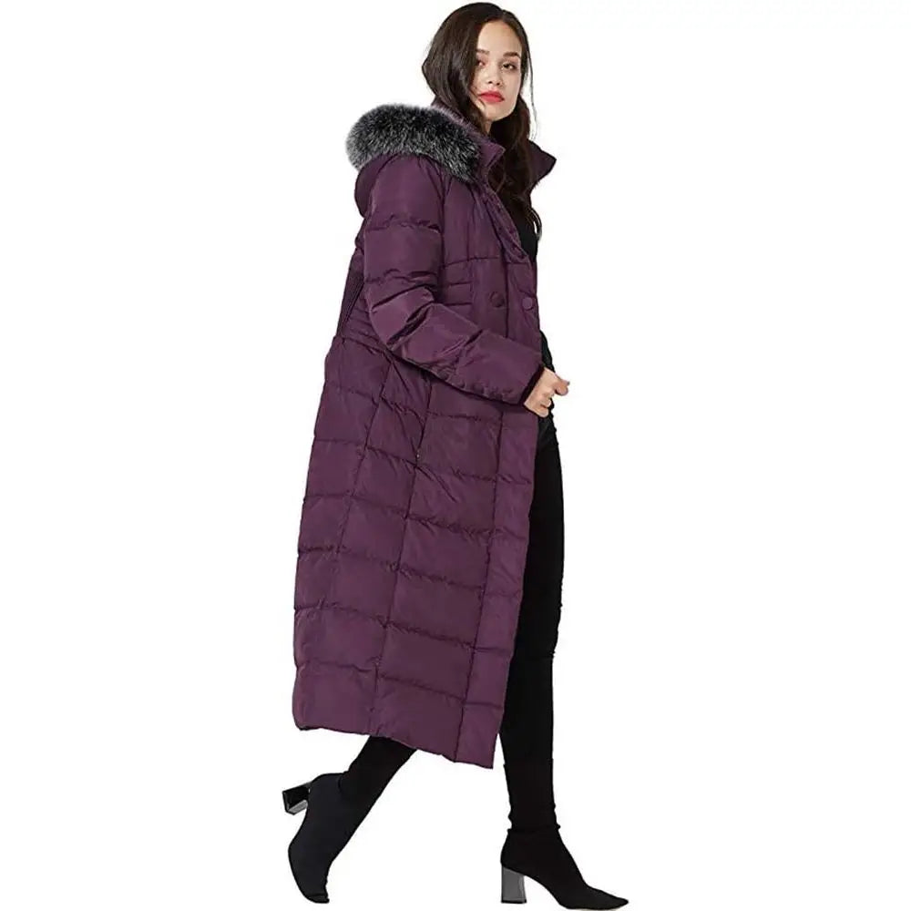 Women's Long Down Coat with Fur Hood Maxi Down Parka Puffer Jacket