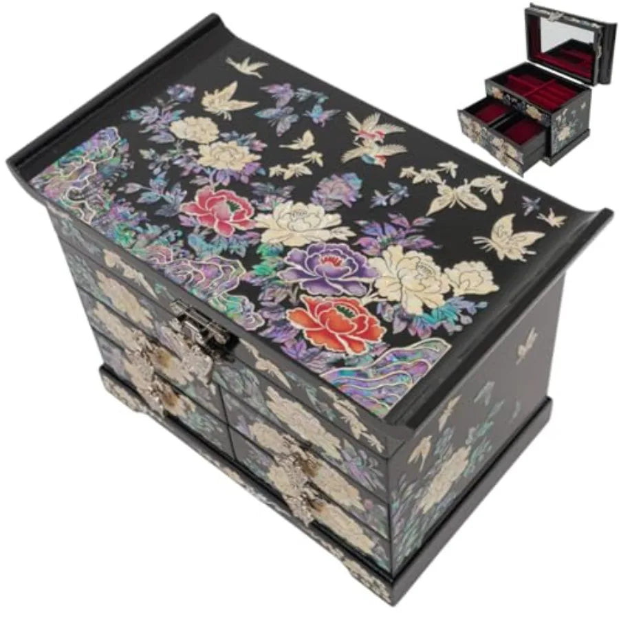 Mother of Pearl Wooden Jewelry Organizer Box Jewelry Storage Box for Women Features Spacious Drawers Ideal for Rings Bracelets