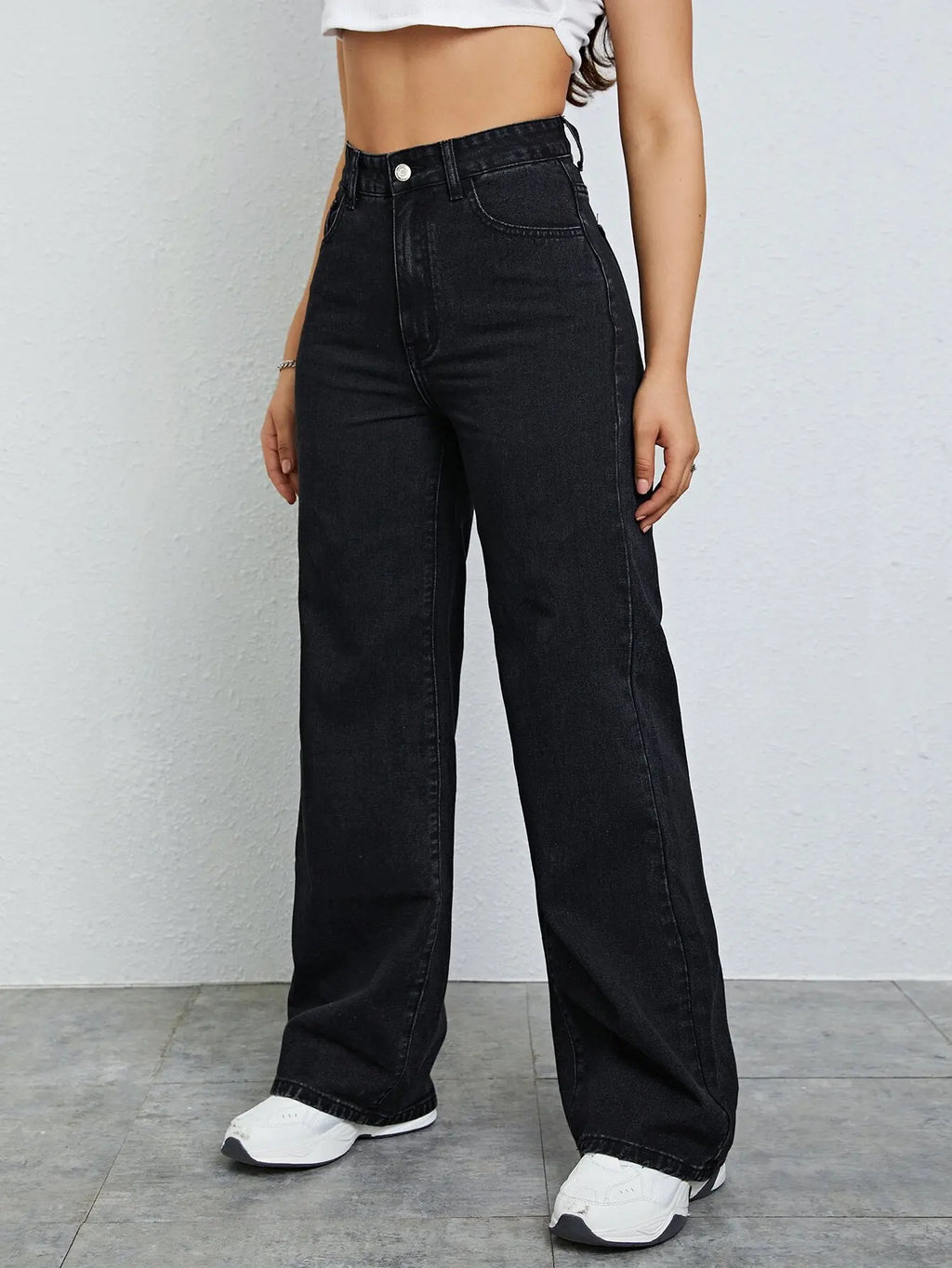 High Waist Wide Leg Black Denim Jeans for Women, Casual Streetwear Style