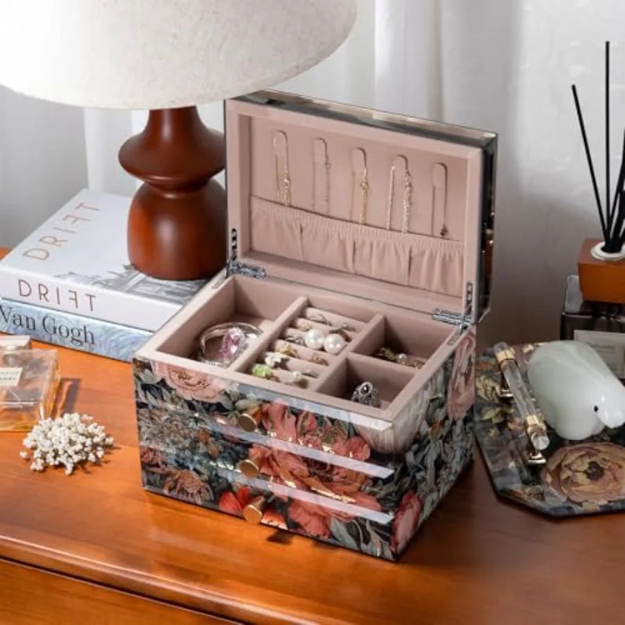 Glass Vintage Painting Jewelry Box 3-Layer Jewelry Storage Case Art Desktop Decorations Gift for Women Jewelry Organizer For Ne