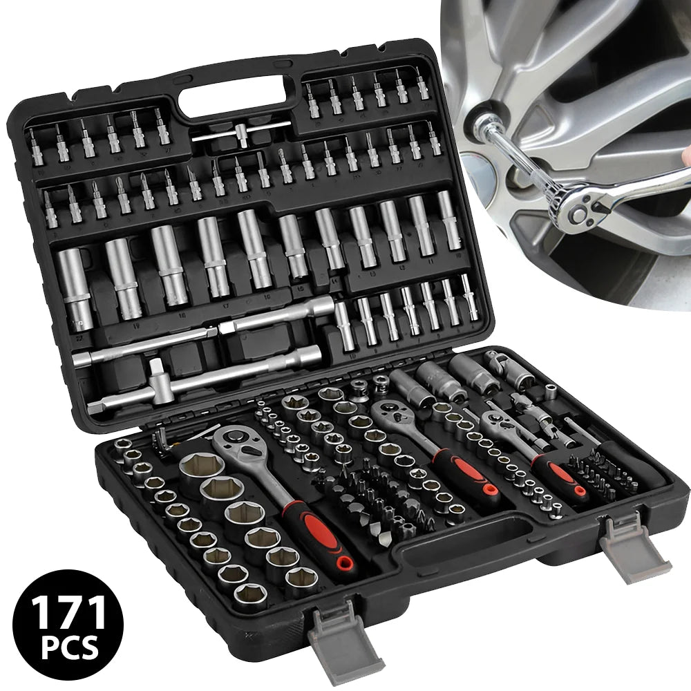 171pcs Socket Wrench Set Car Repair Tool Ratchet Spanner Wrench 1/4 3/8 1/2 Ratchet Spanner Screwdriver Bits Hand Tool